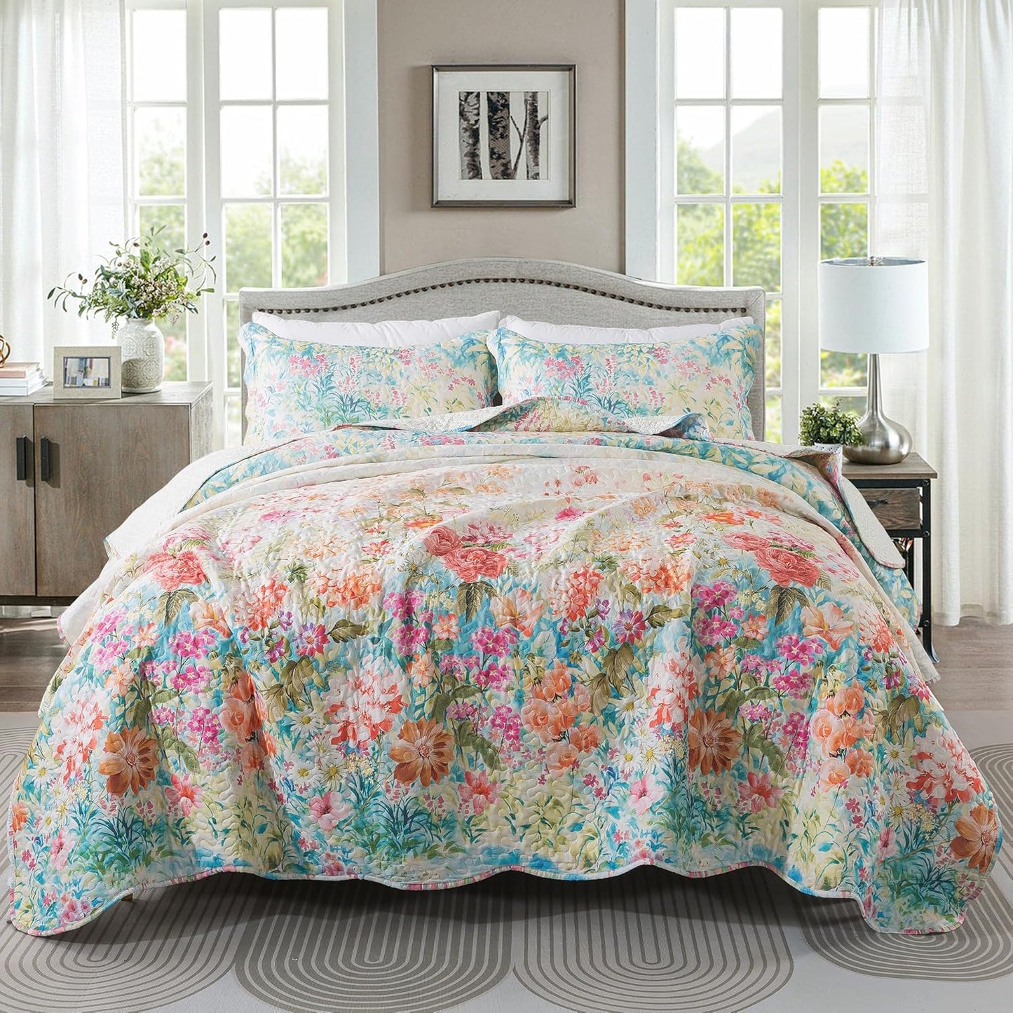 HoneiLife King Quilt Bedding Set - Floral Quilt for All Seasons