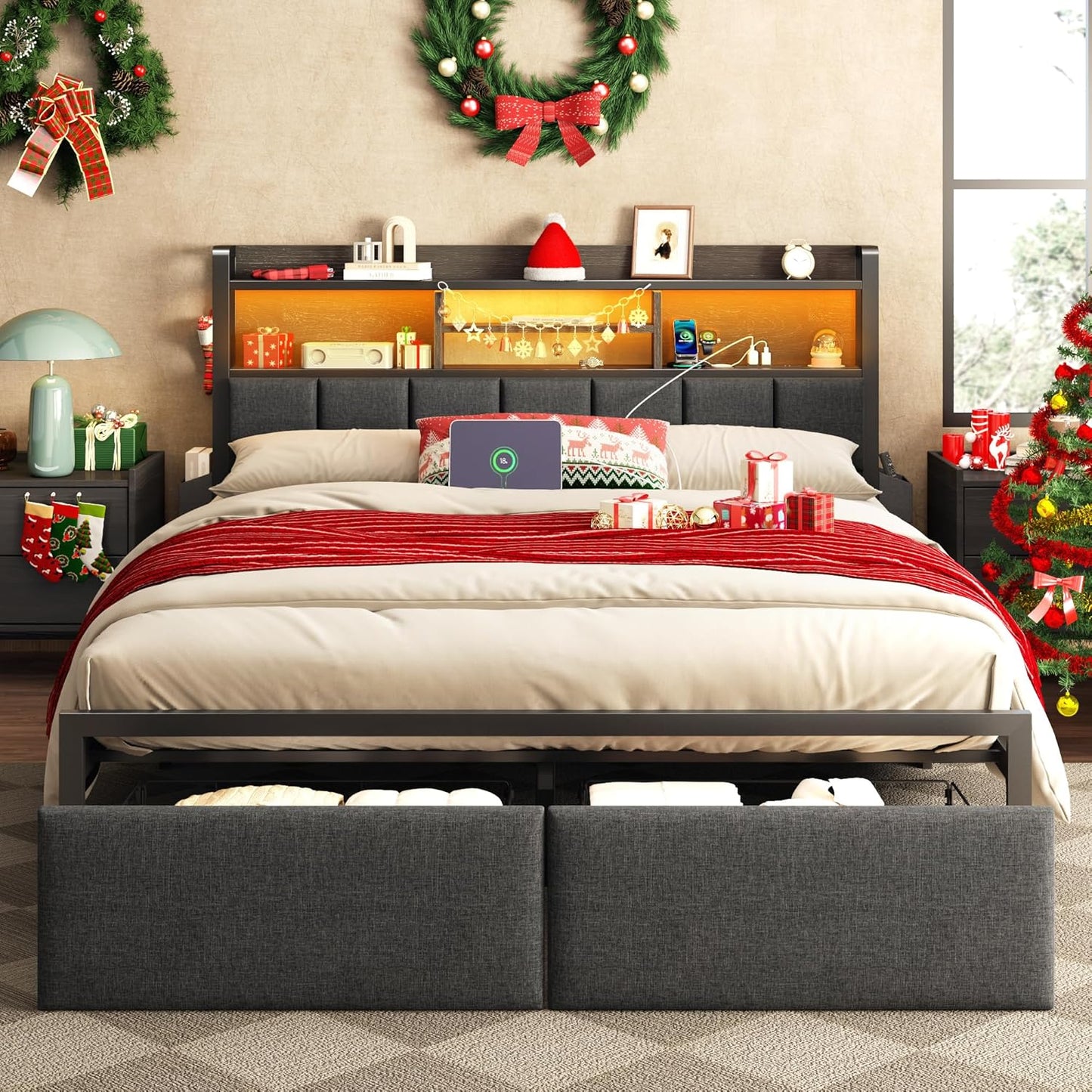 Furnulem Full Size Bed Frame with Storage & LED Lights
