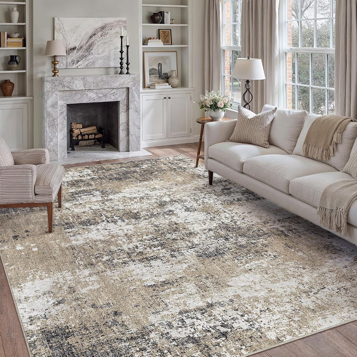 8x10 Abstract Area Rug Brown Washable Soft Non Slip Carpet