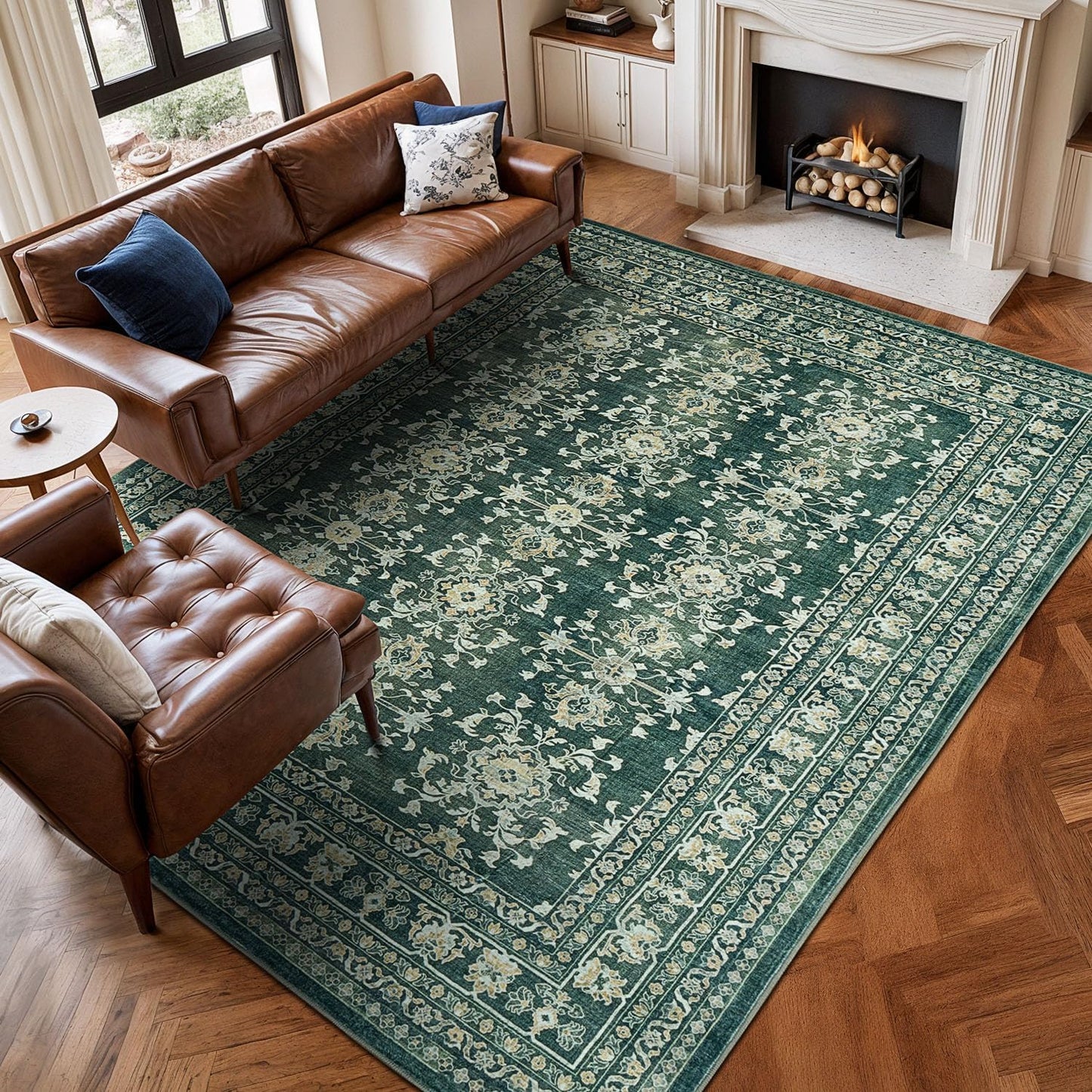 Vintage Dark Green Distressed Floral Area Rug for Living Room