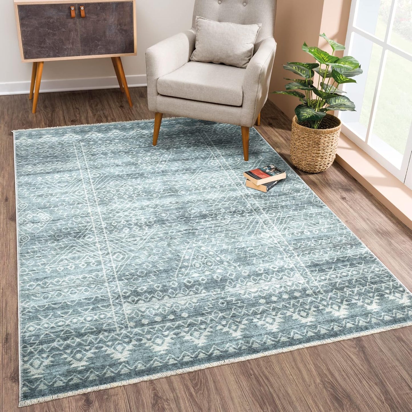 Caria Washable Non-Slip 3x5 Rug - Teal/Ivory Geometric Design