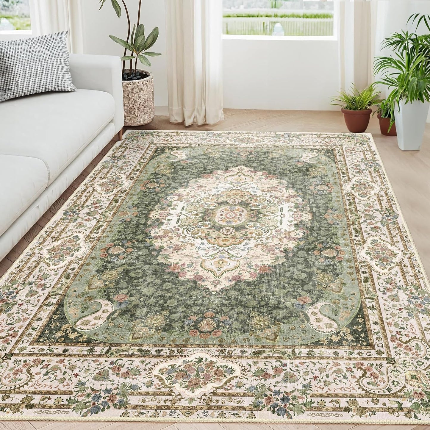 5x7 Area Rugs Washable Green Boho Vintage Carpet for Home