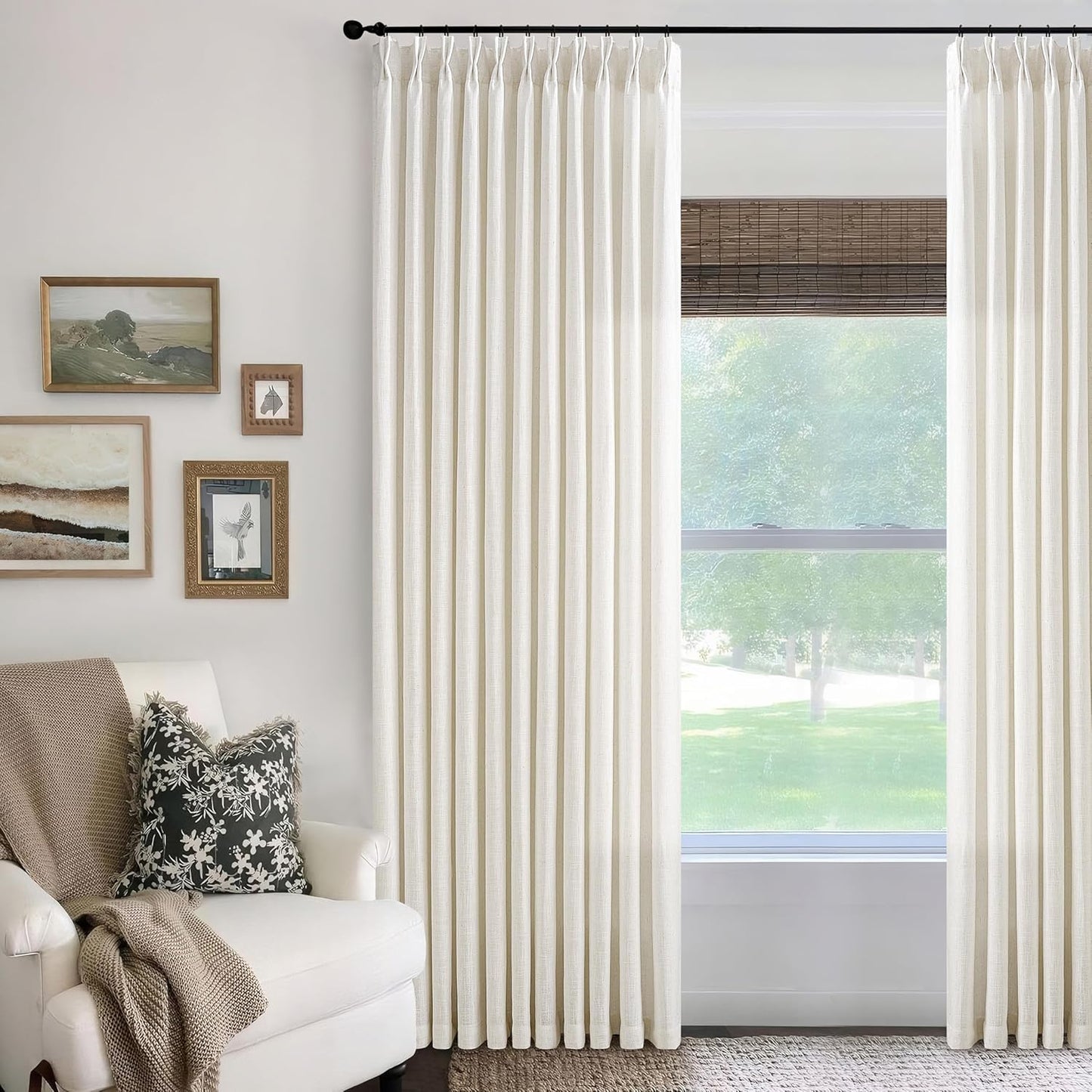 Cream Ivory Extra Wide Pinch Pleat Linen Curtains for Living Room