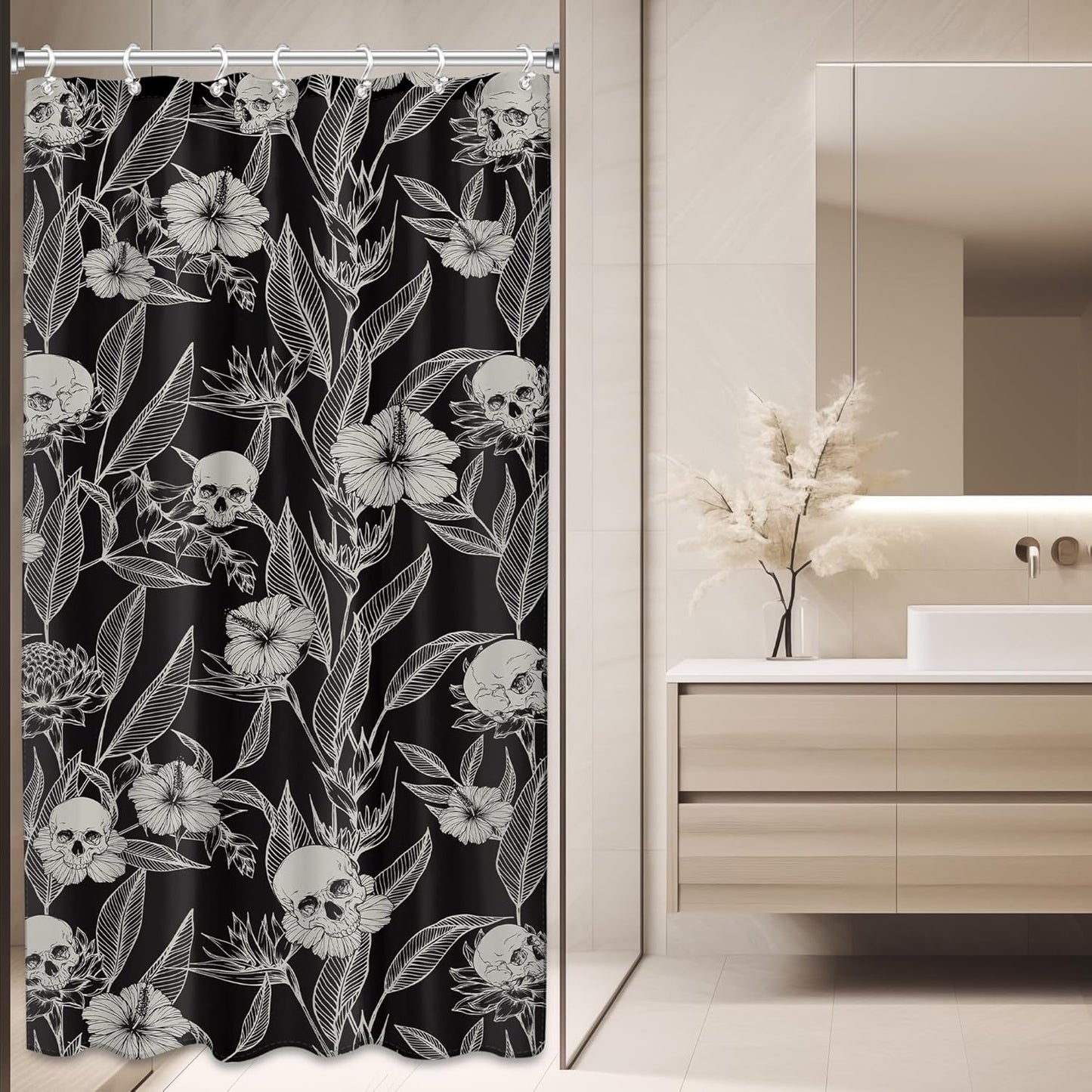 Gothic Skull Floral Shower Curtain - Spooky & Waterproof