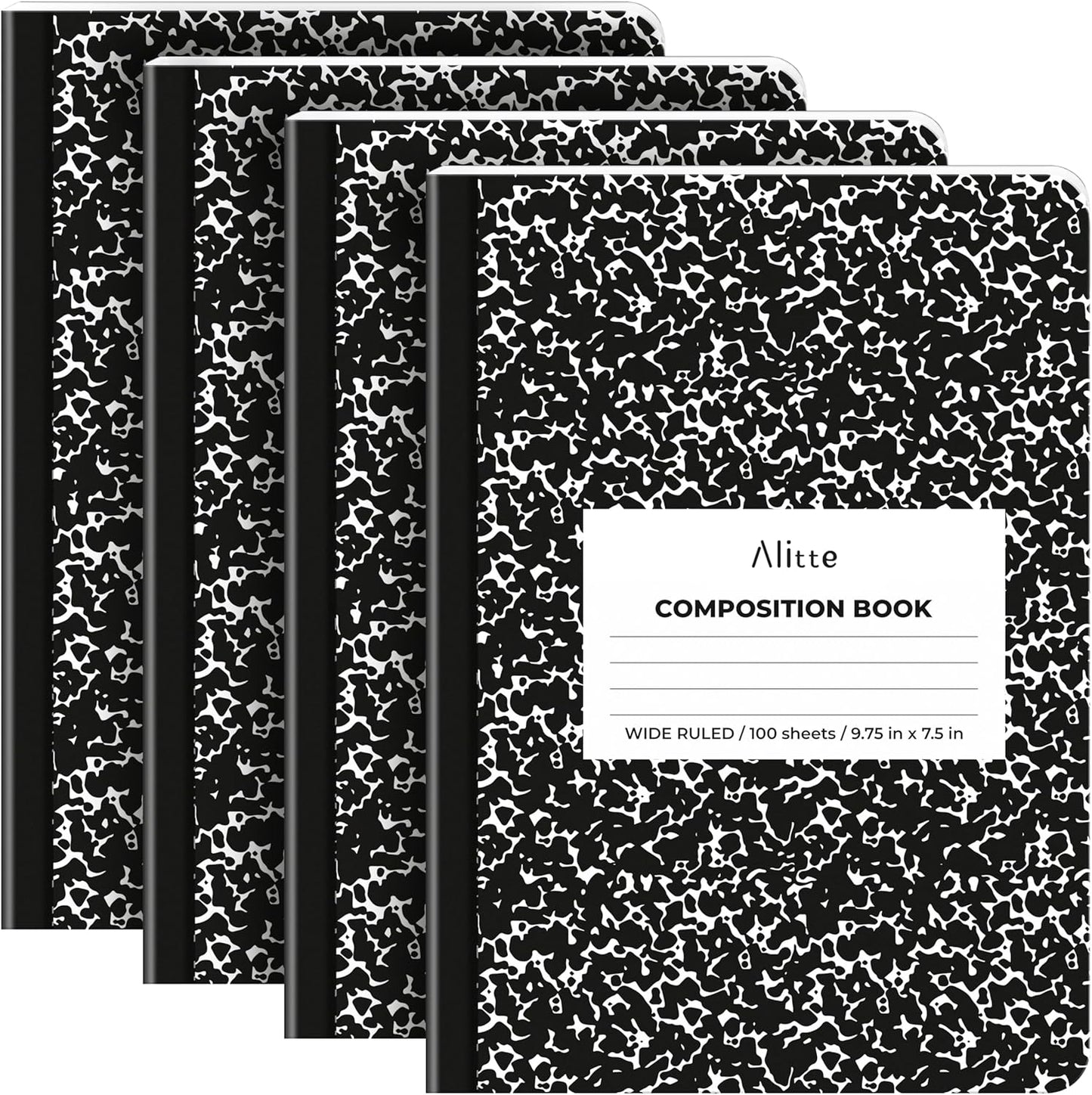 Alitte 4-Pack Wide Ruled Composition Notebooks | 200 Pages | Black Marble