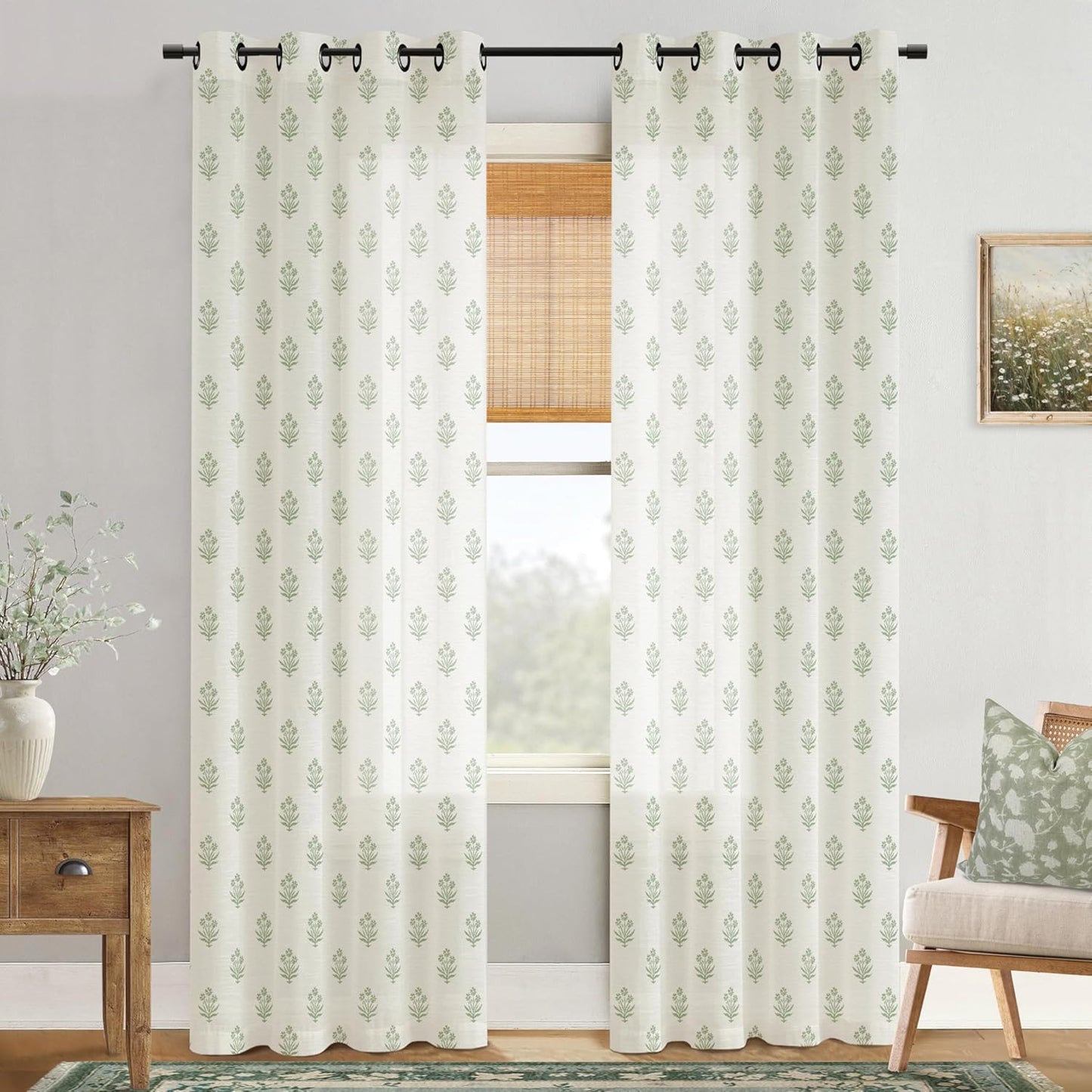 Sage Green Floral Curtains for Vintage Boho Home Decor