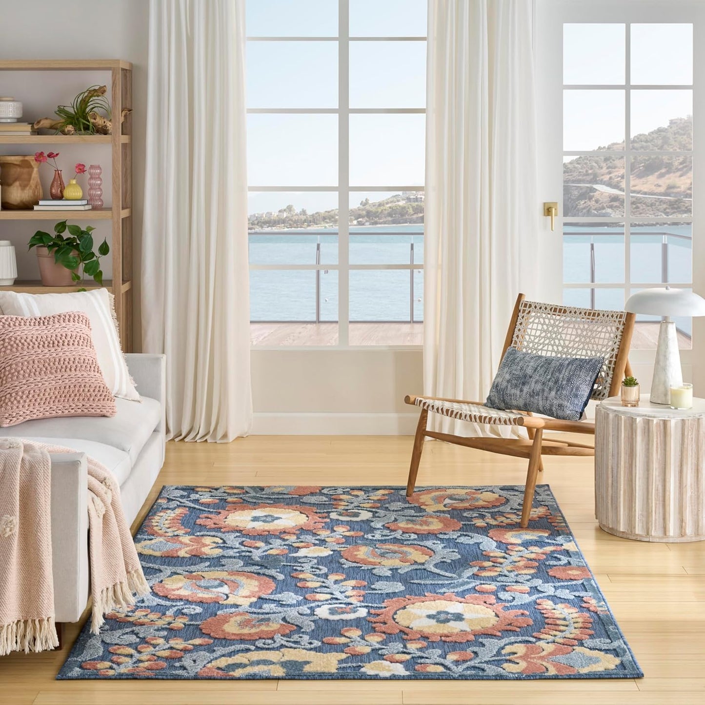 Nourison Aloha Blue Rose Area Rug - Easy Clean Floral Design