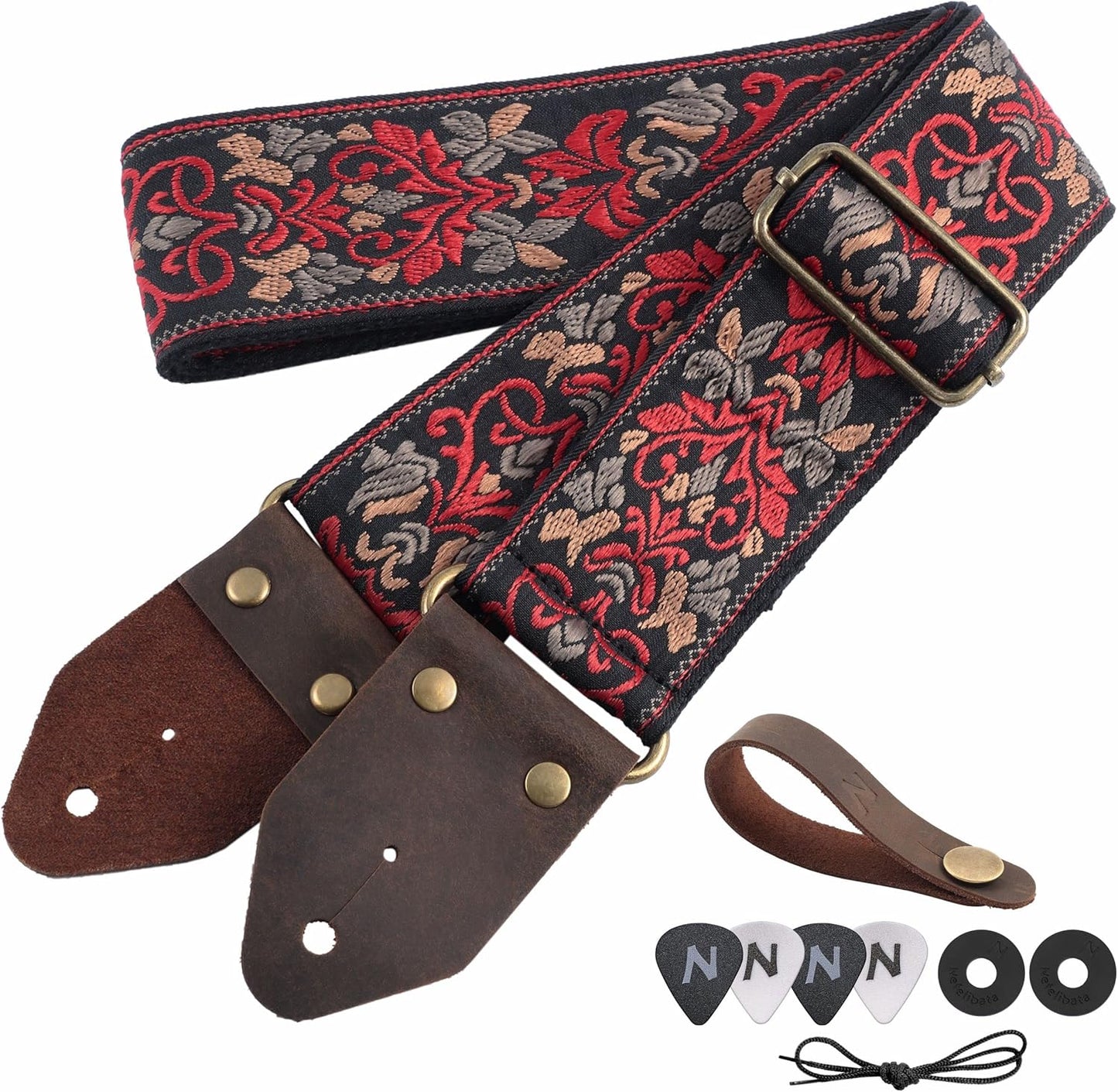 Nefelibata Retro Red Flower Guitar Strap: Stylish Comfort for All Guitars