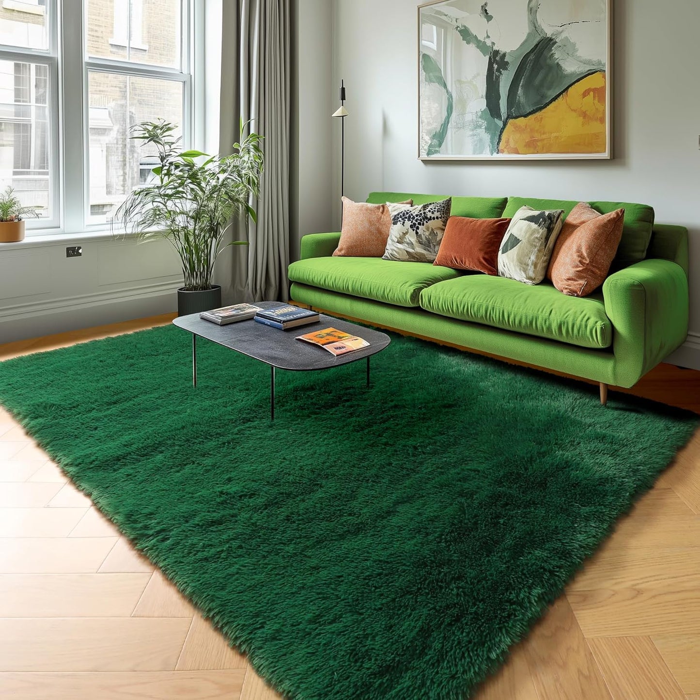 Fluffy Shag Area Rug for Living Room, Soft Emerald Green Carpet