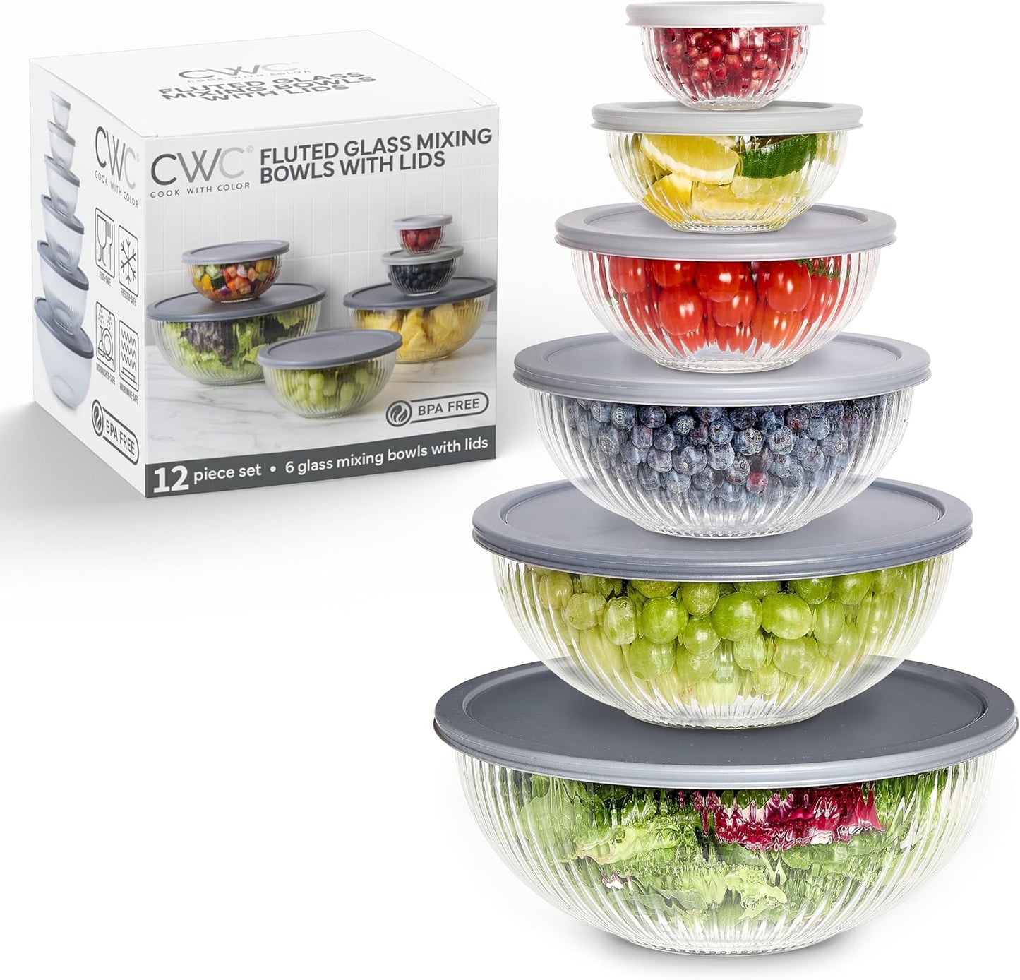 12 Pc Glass Mixing Bowl Set for Cooking and Meal Prep