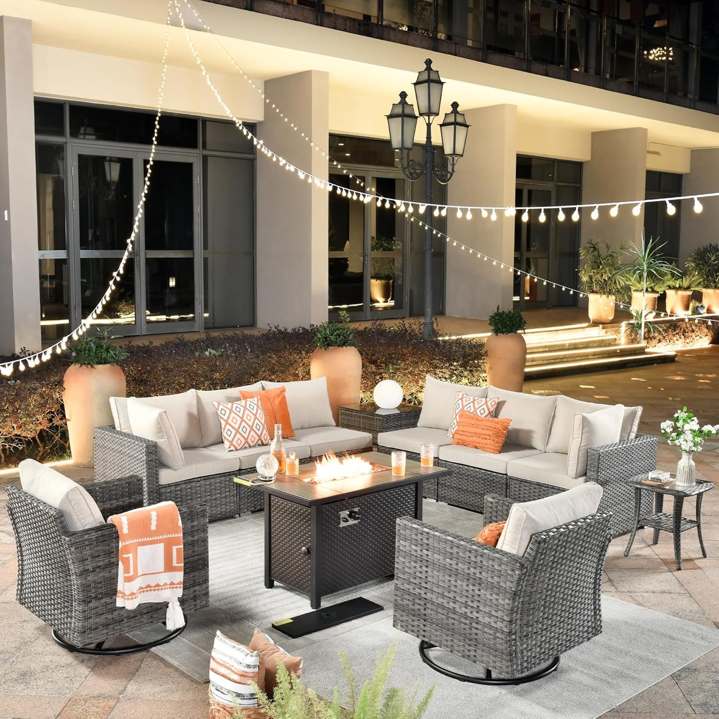 ovios 11 Piece Outdoor Patio Furniture Set with Fire Pit Table