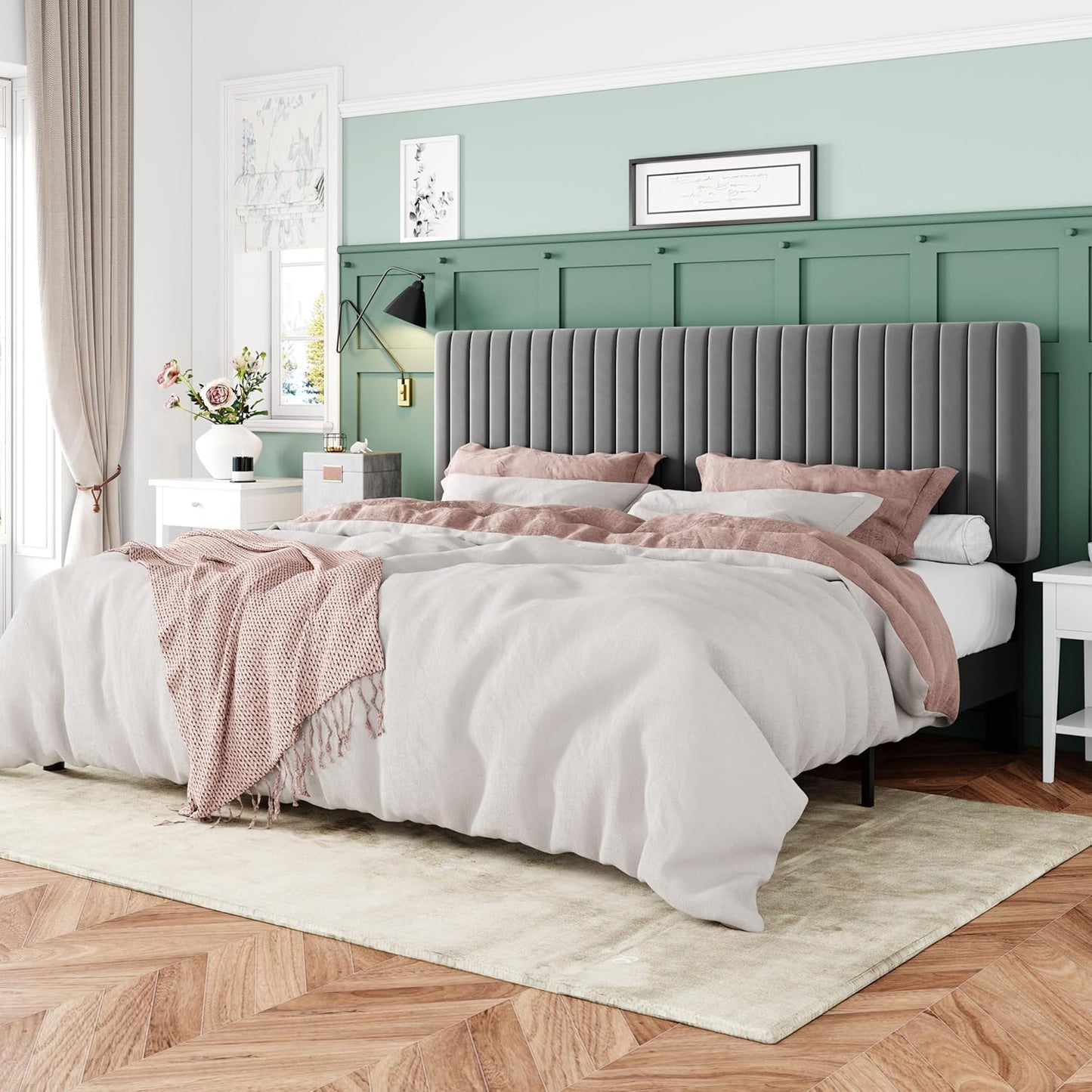 Allewie King Bed Frame with Adjustable Tufted Headboard for Comfort