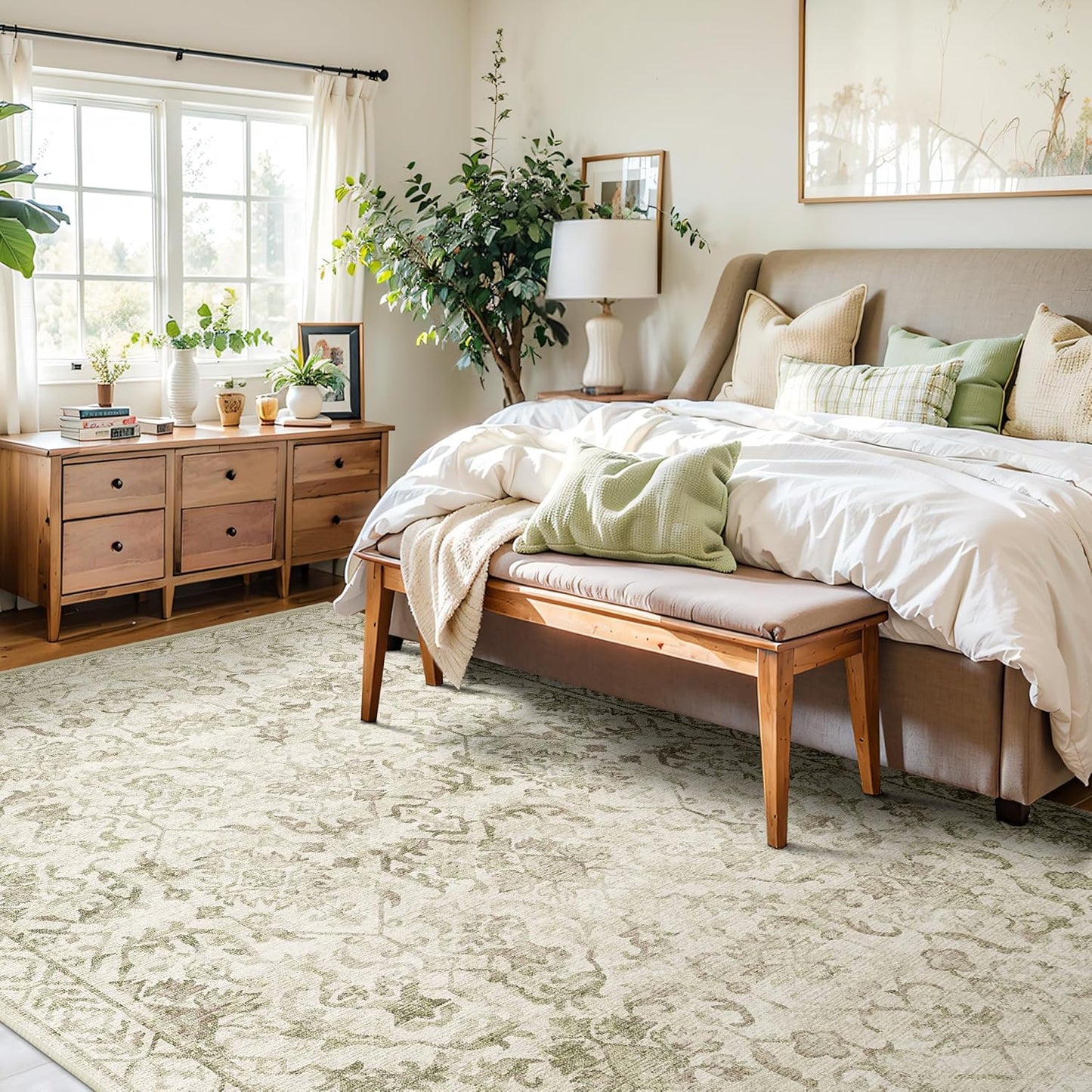 Sage Green Rugs 6x9 for Bedroom, Distressed Living Room Rug