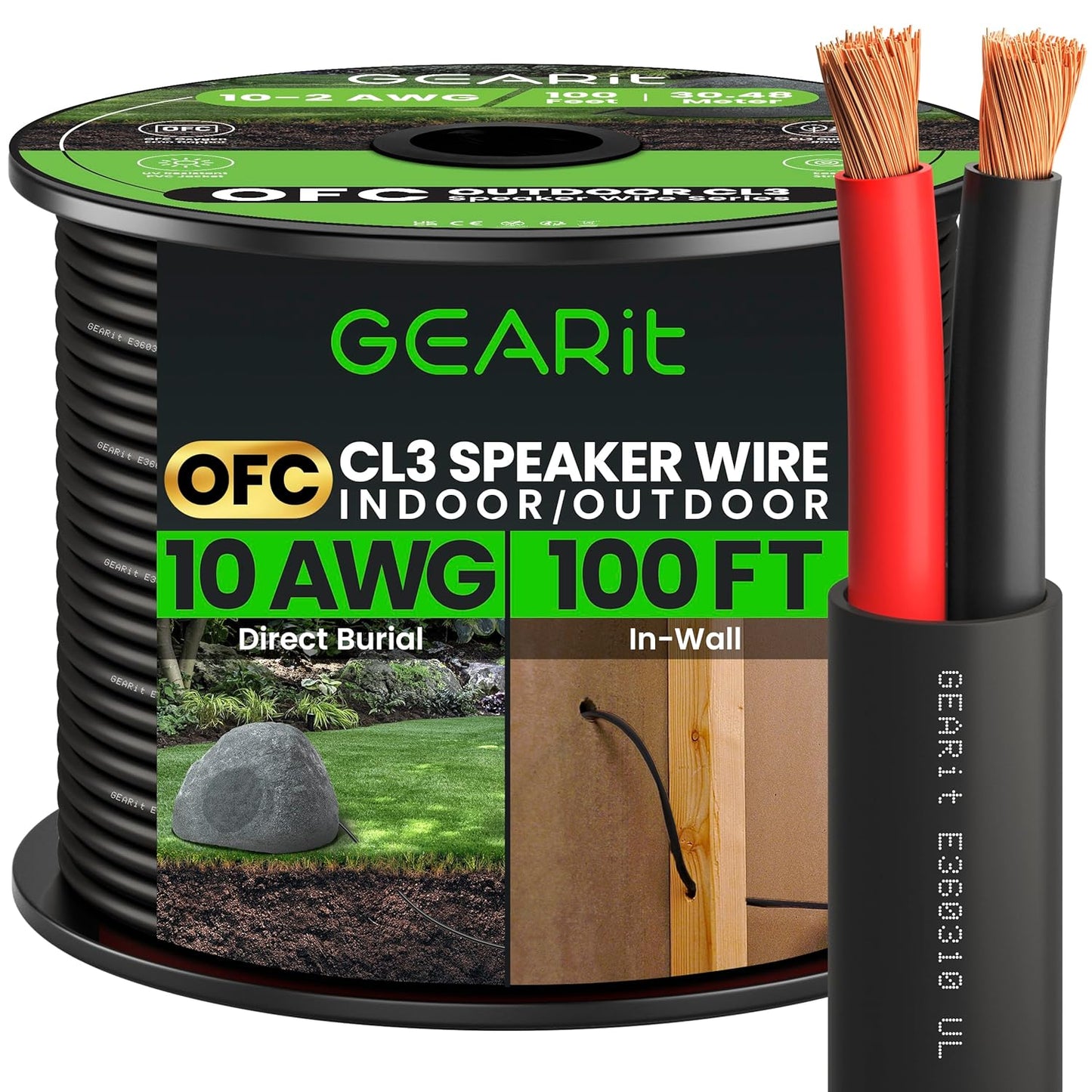 GearIT 10AWG Speaker Wire - Outdoor/In Wall, 100ft