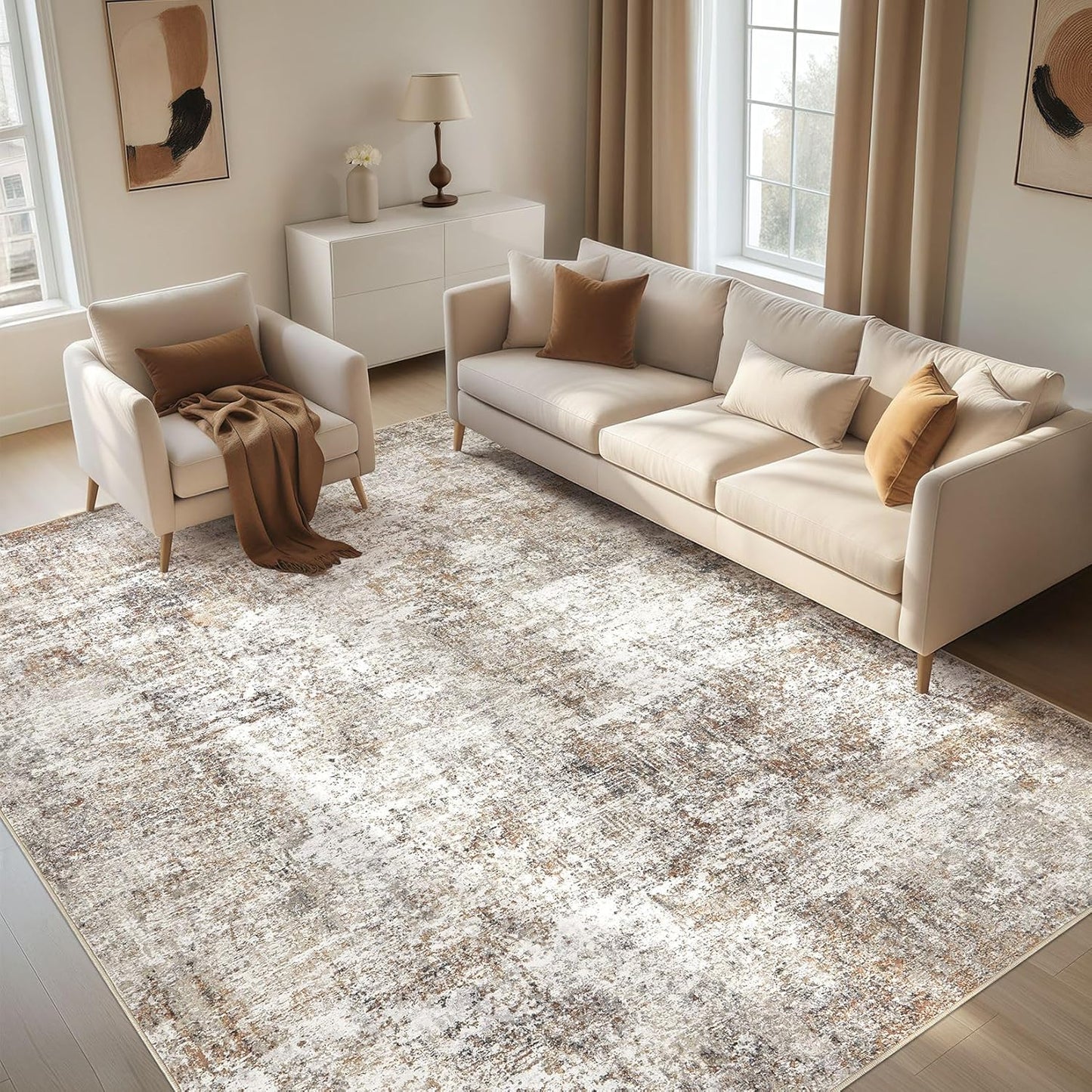 Large Washable Brown Area Rug - Stain Resistant & Non-Slip!