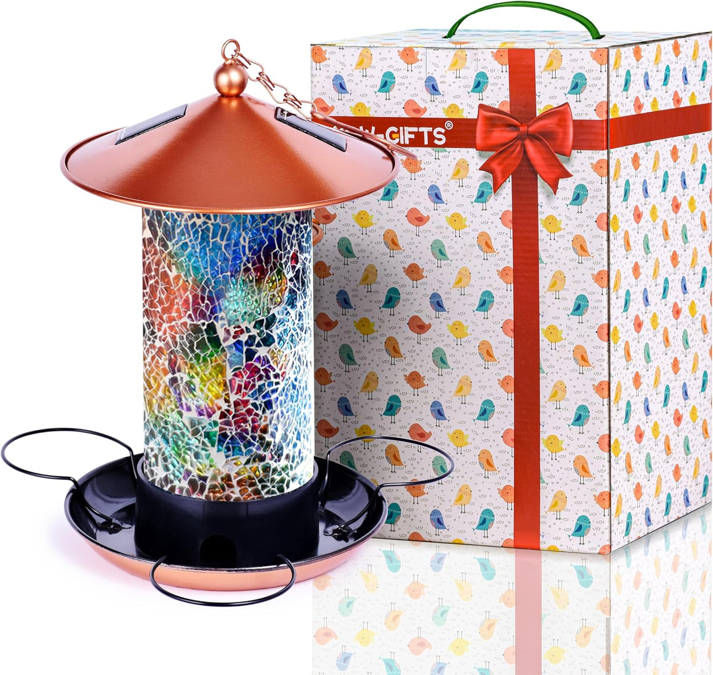 Mosaic Solar Wild Bird Feeder with LED Lights for Garden Decor
