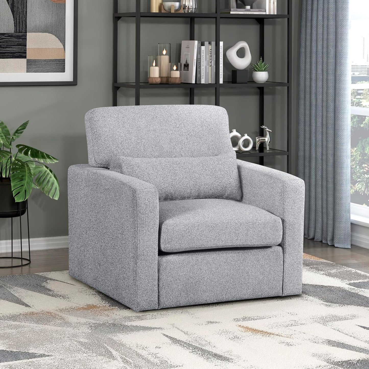 Lexicon Swivel Accent Chair with Lumbar Pillow - Cozy Boucle Upholstery