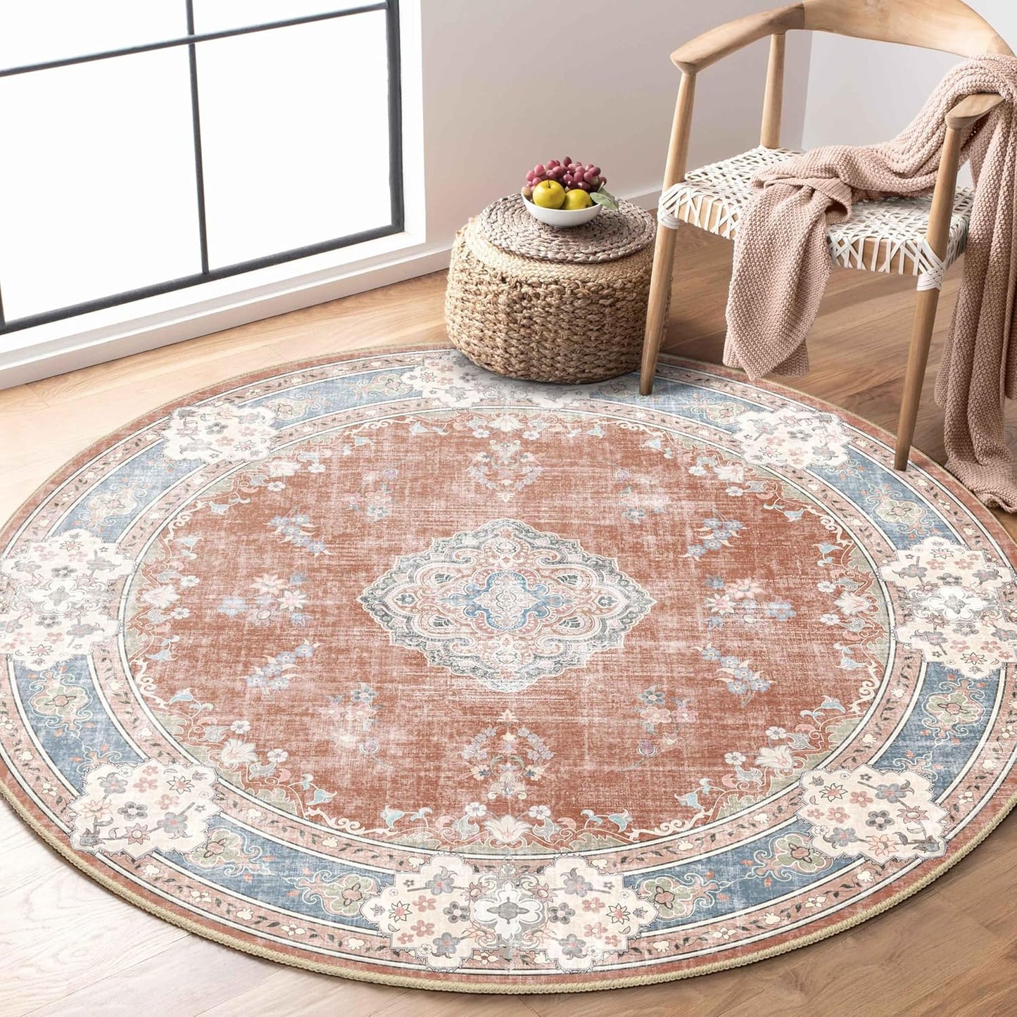 MUJOO Boho Round Rug 4ft - Vintage Washable Area Rug for Home