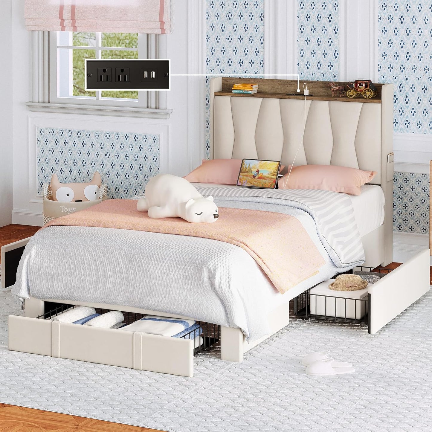 ANTCOR Twin Bed Frame with Storage Headboard and Drawers