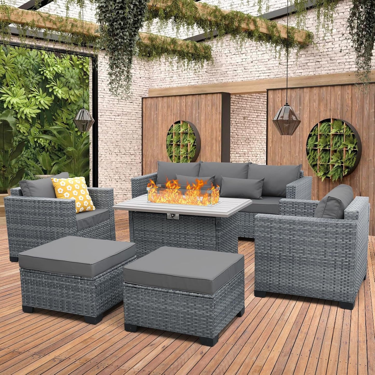 6 Pieces Wicker Patio Furniture Set with Fire Pit Table for Comfort