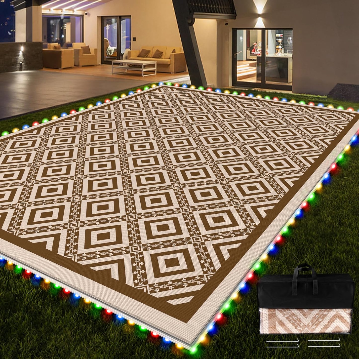 RV Outdoor Rug with Lights 8x10ft for Camping and Picnics