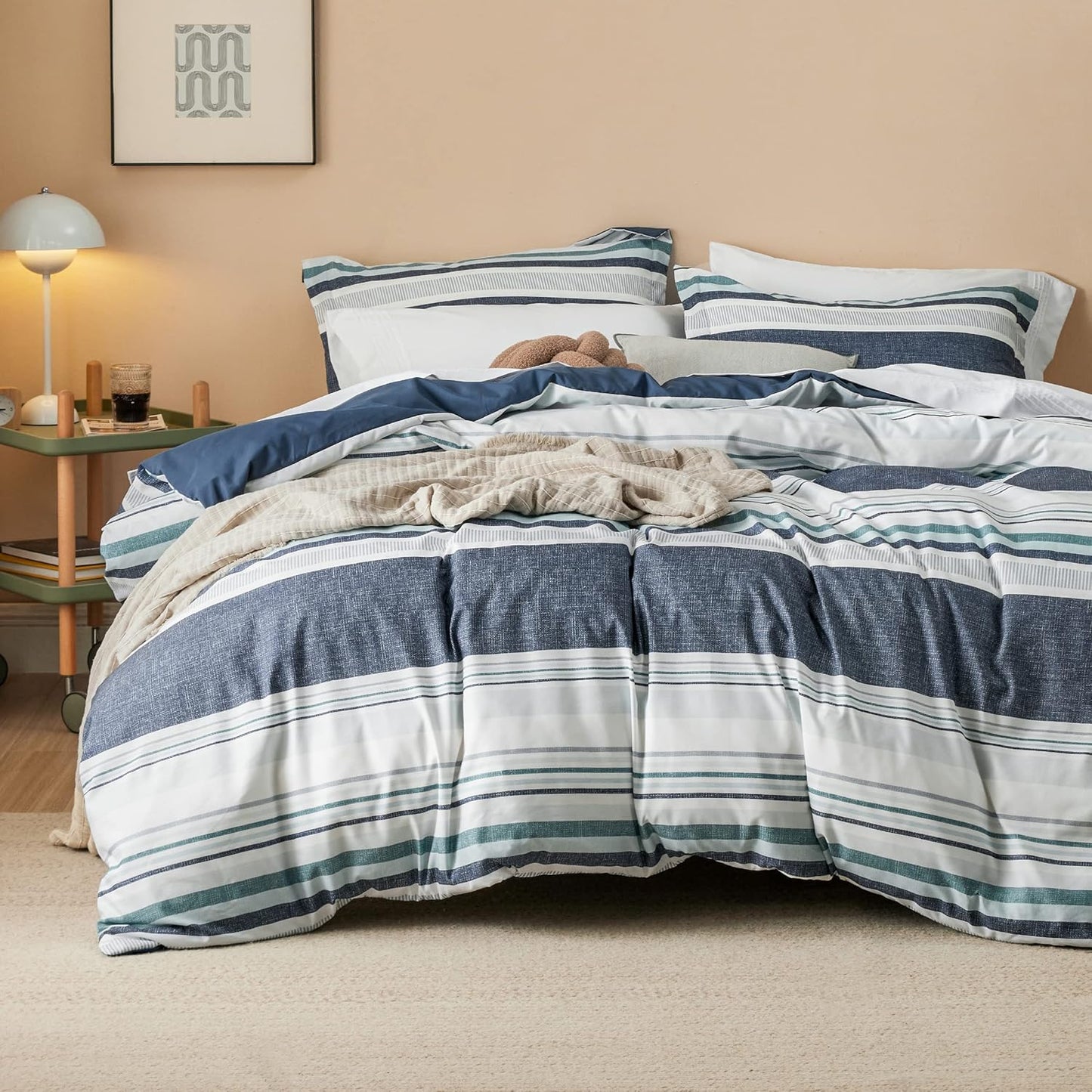 Reversible Striped Duvet Cover Set for Queen Size Bedding