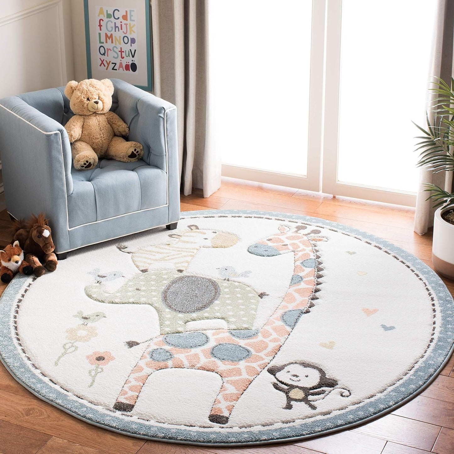 SAFAVIEH Carousel Kids Collection 3ft Round Ivory Animal Rug