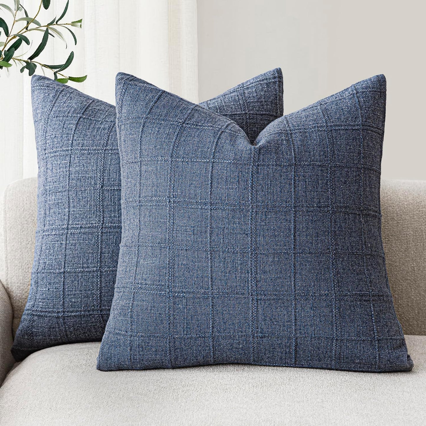 Foindtower Decorative Linen Check Throw Pillow Covers Set of 2