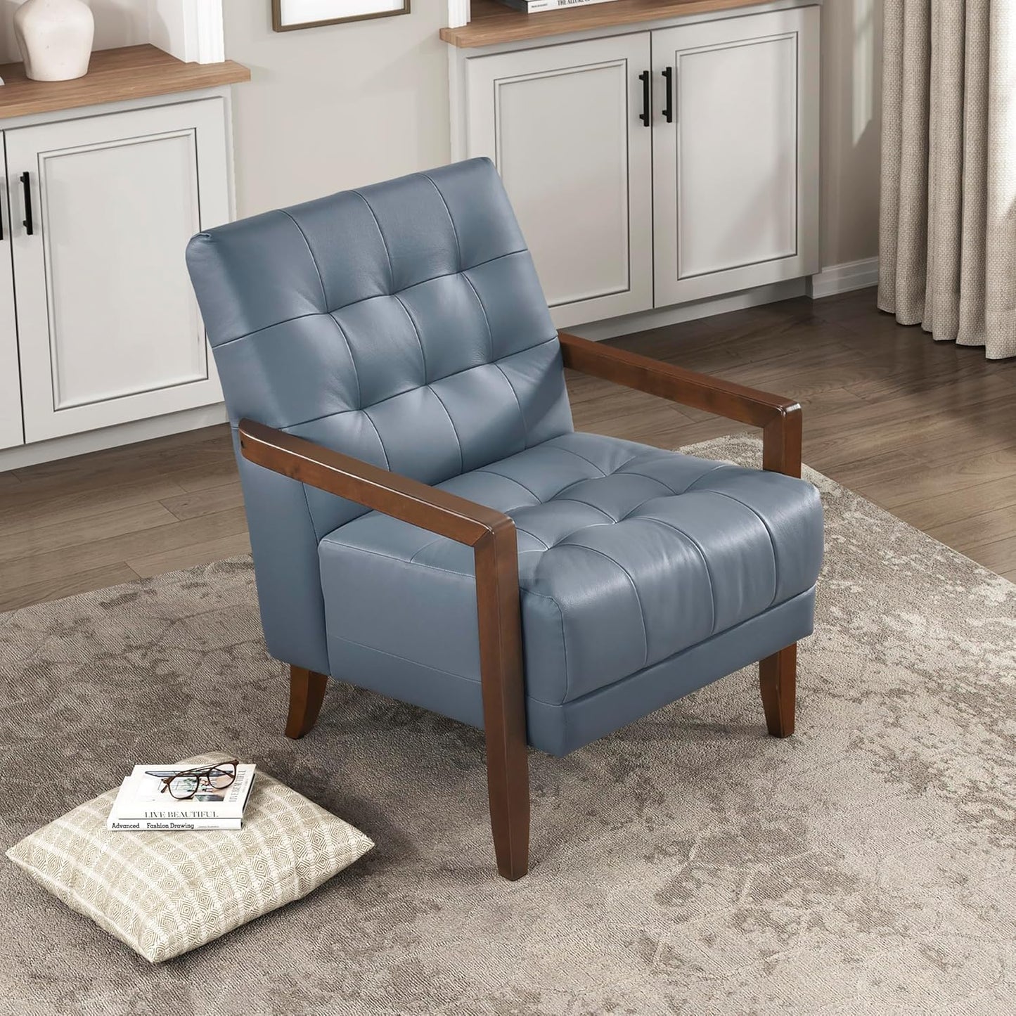 Luxury Blue Leather Accent Chair, Tufted Cushions