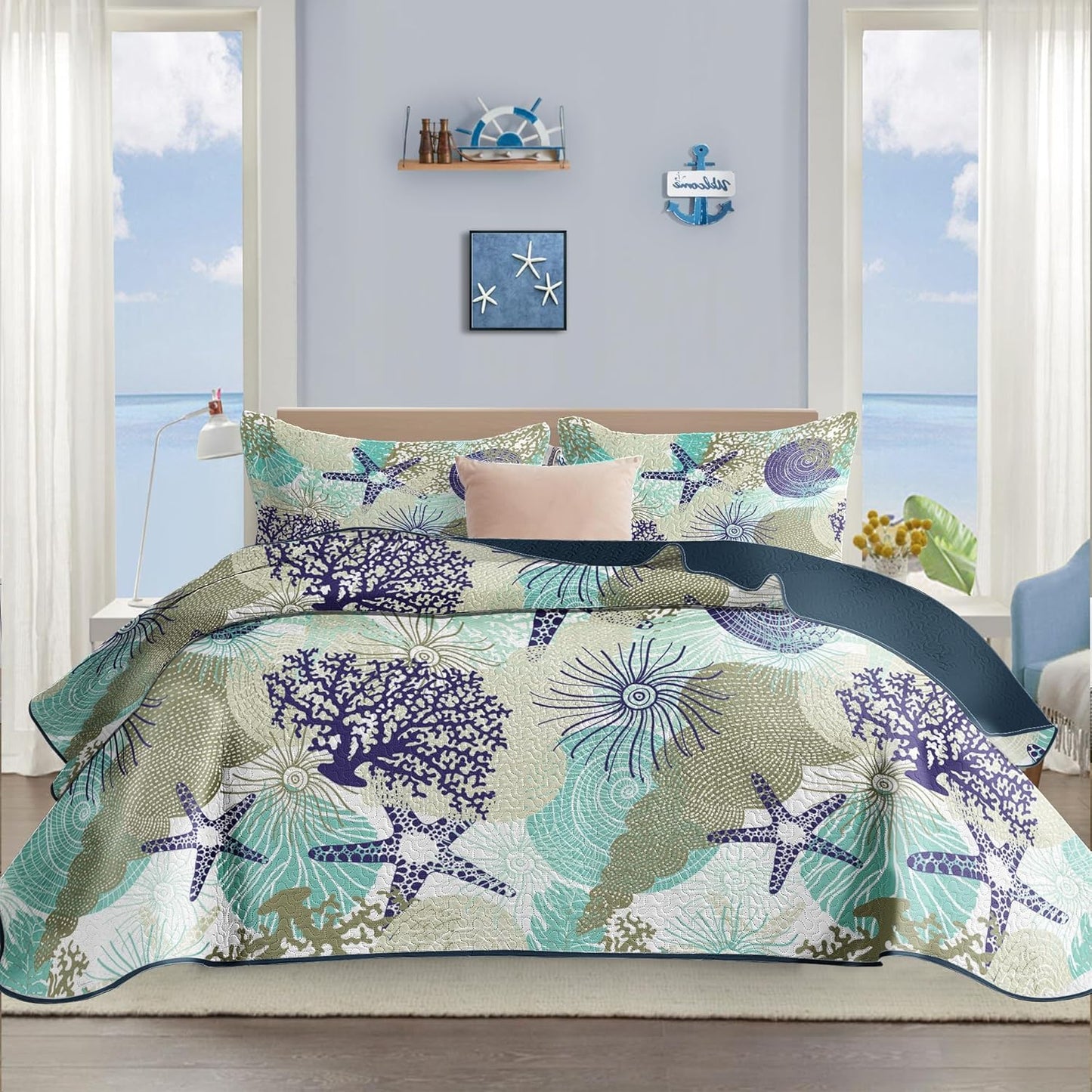 Coastal Quilt Set King Size - Lightweight Beach Bedding Comforter