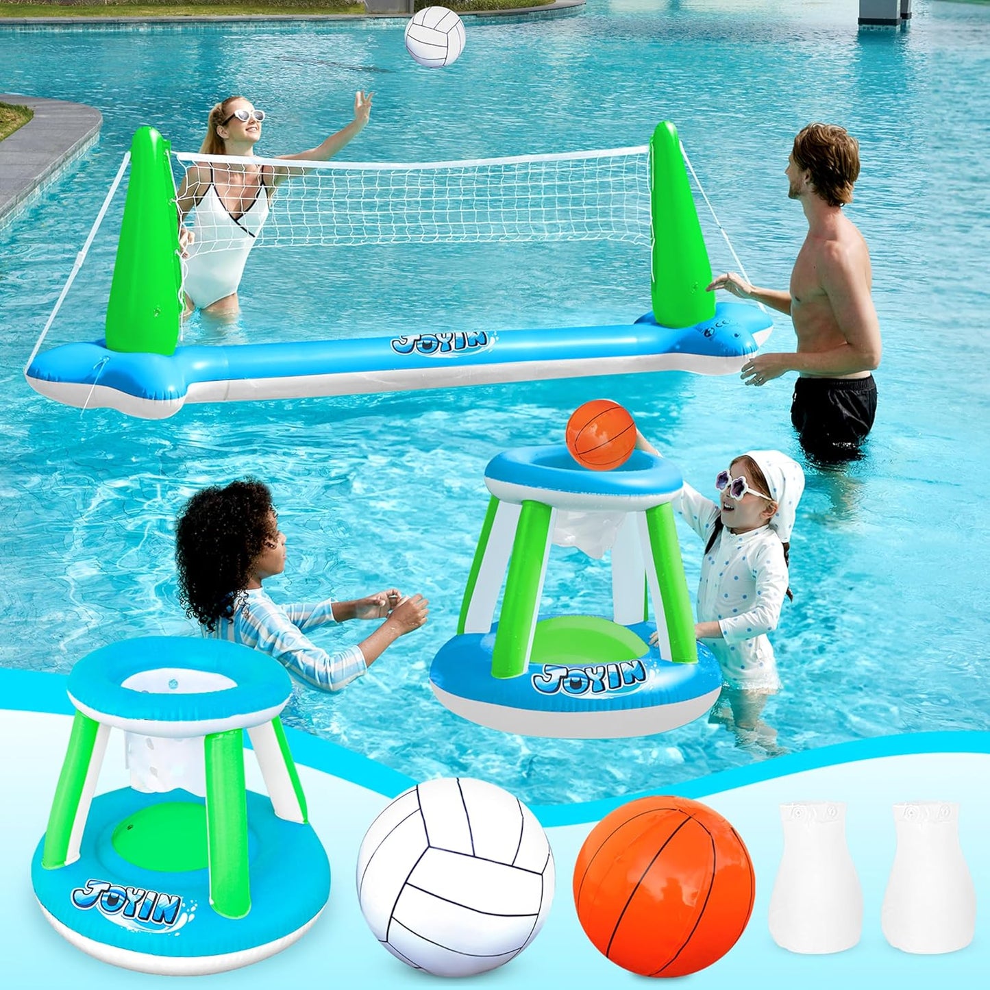 JOYIN Inflatable Volleyball Net & Basketball Hoops Pool Float Set