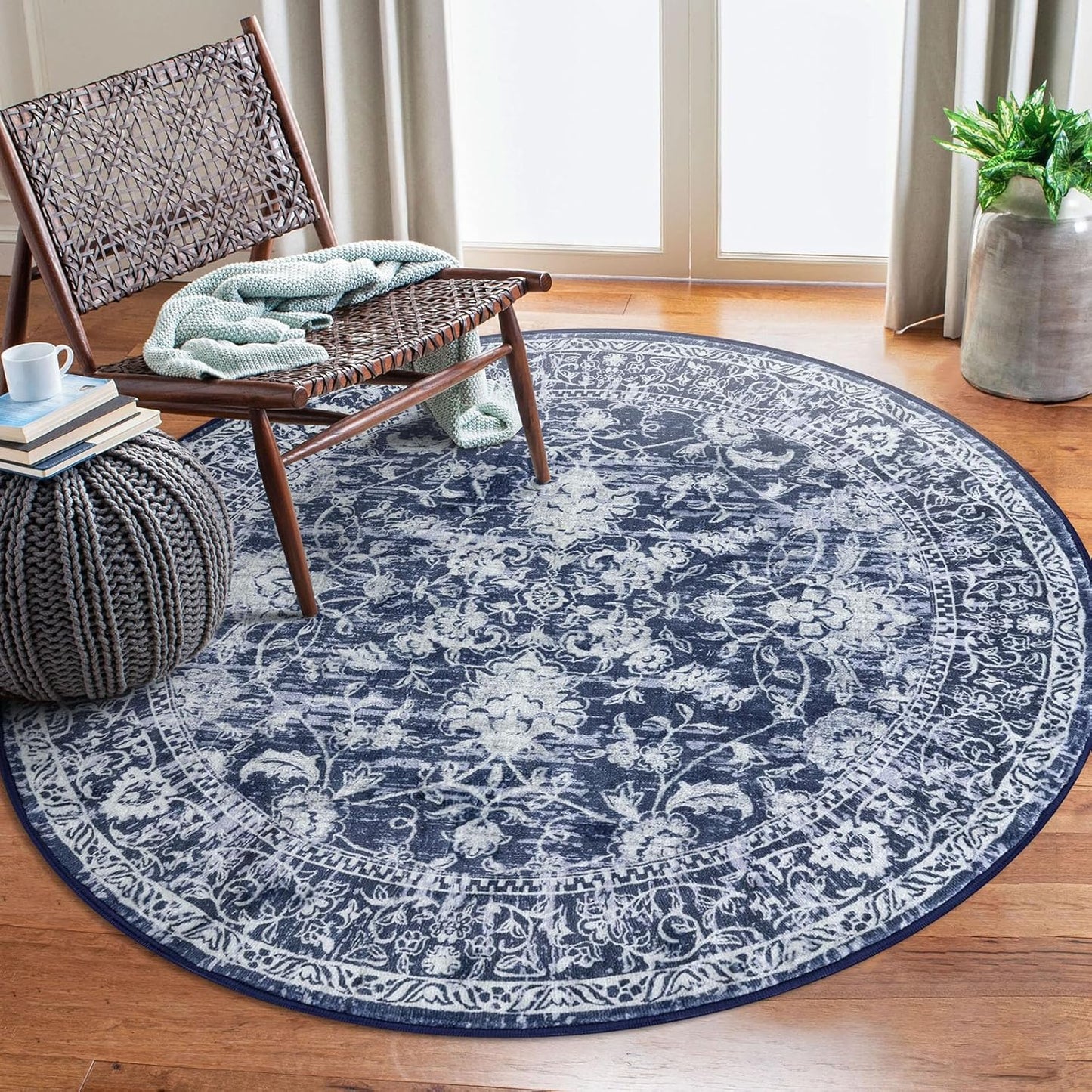 KILOCOCO 5ft Round Vintage Floral Area Rug for Living Room