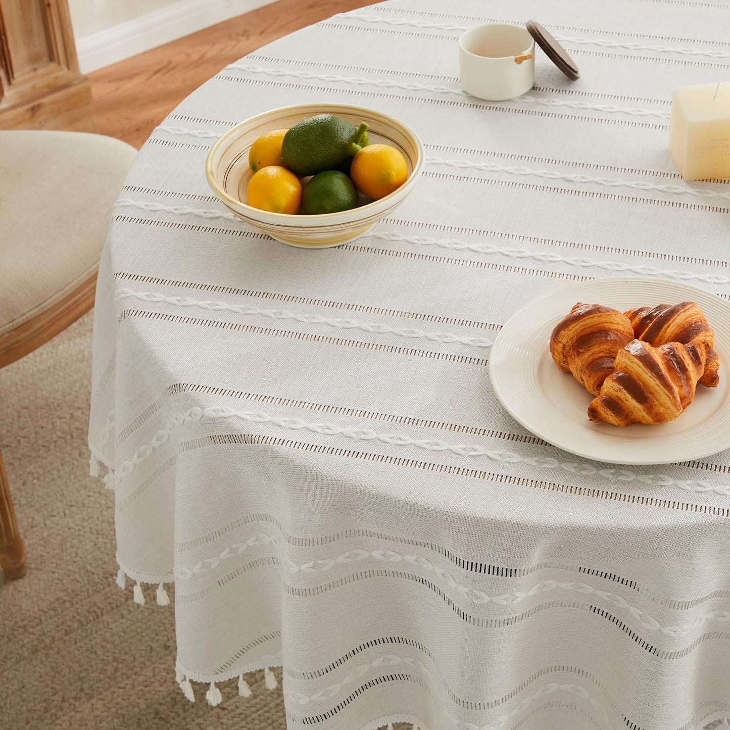 ZeeMart Hemstitched Embroidery Striped Boho Tablecloth for Style