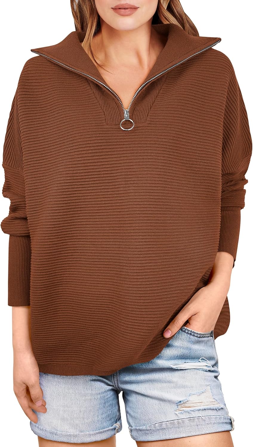 ANRABESS Women Quarter Zip Oversized Cozy Pullover Sweater