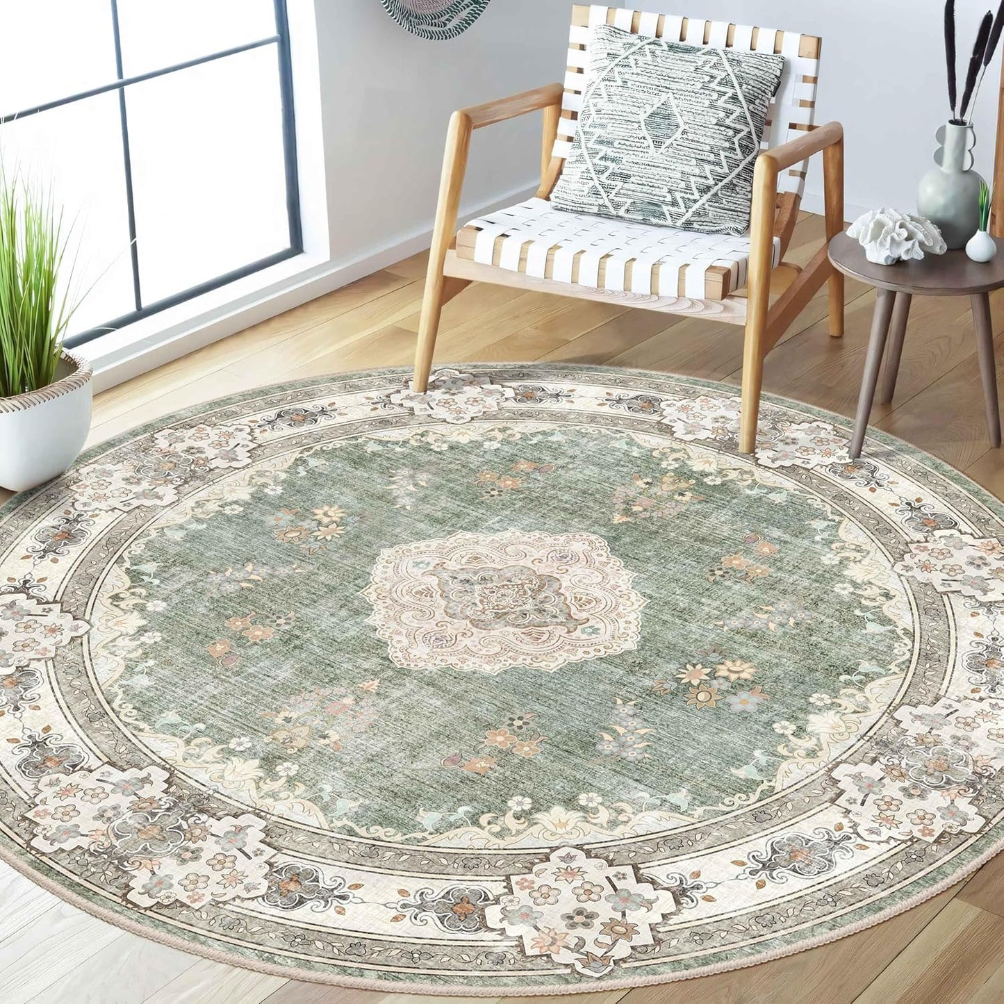 MUJOO Green Round Rug 5ft for Bedroom Living Room and More