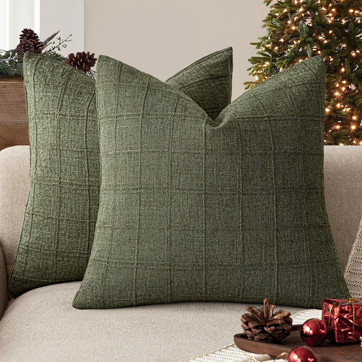 Foindtower Decorative Linen Check Throw Pillow Covers Set of 2