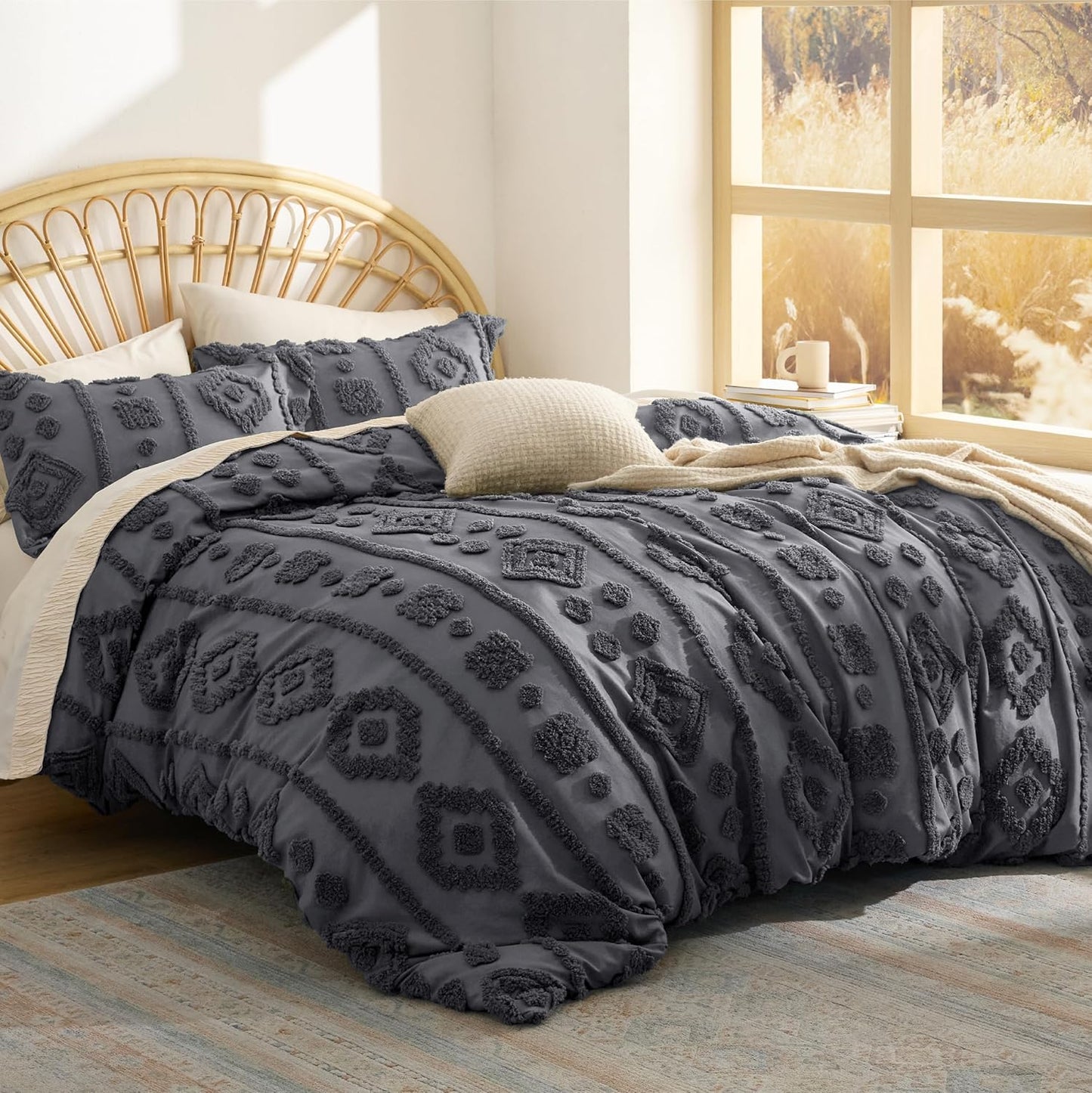 Bedsure King Size Comforter Set - Dark Grey Tufted Boho Style