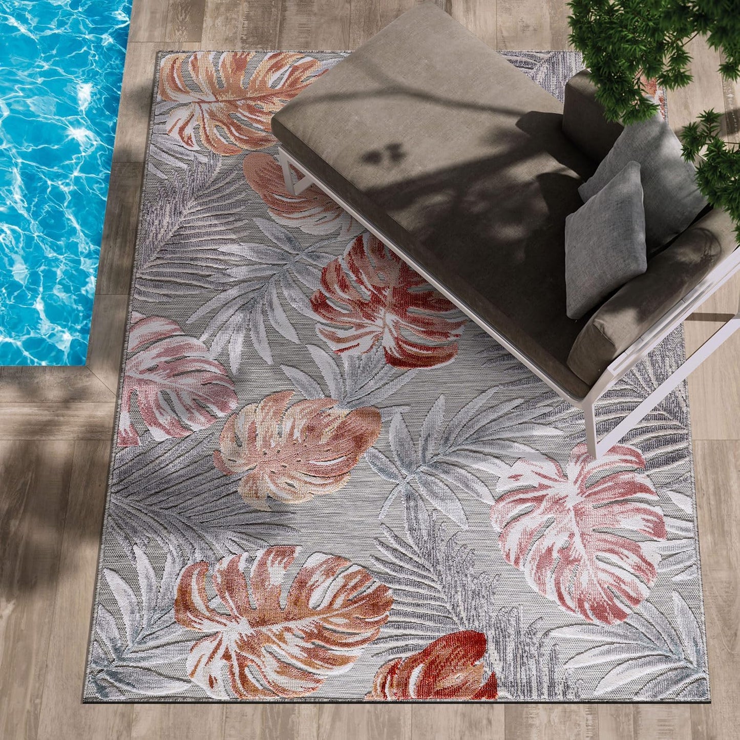CAMILSON Indoor Outdoor Rug - Multi 4x6 Leaf Tropical Design