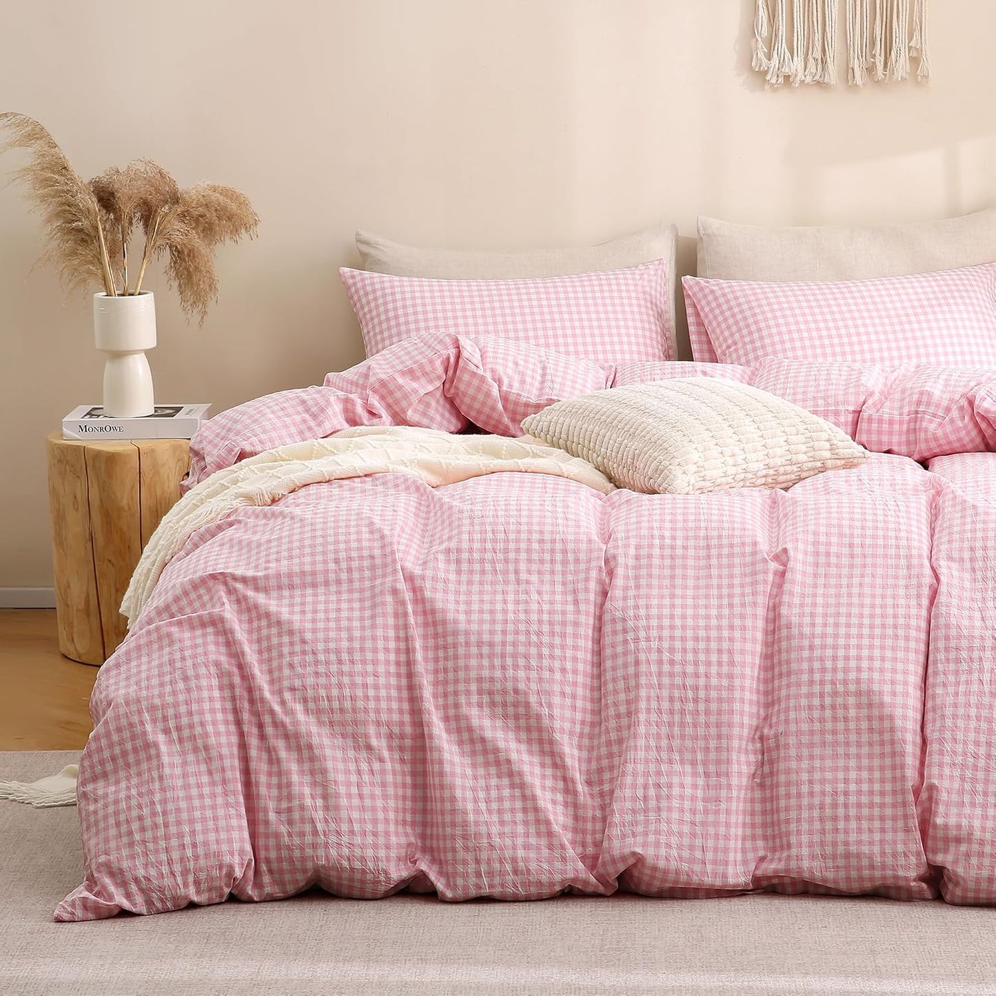 TOCOMOA Pink Gingham Duvet Cover Set for Cozy Bedroom Style