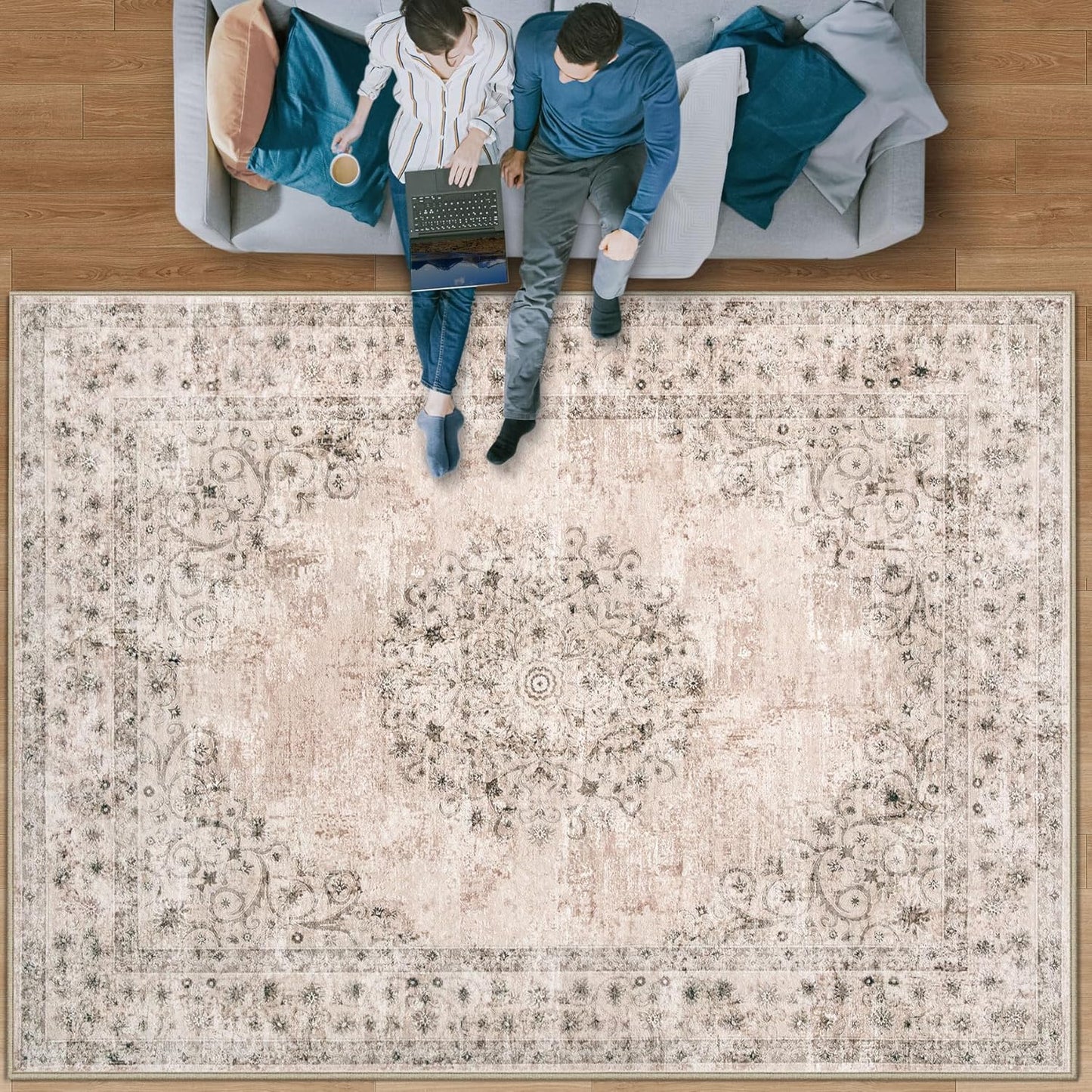 Vintage Area Rug 9x12: Large Washable Medallion Carpet for Home