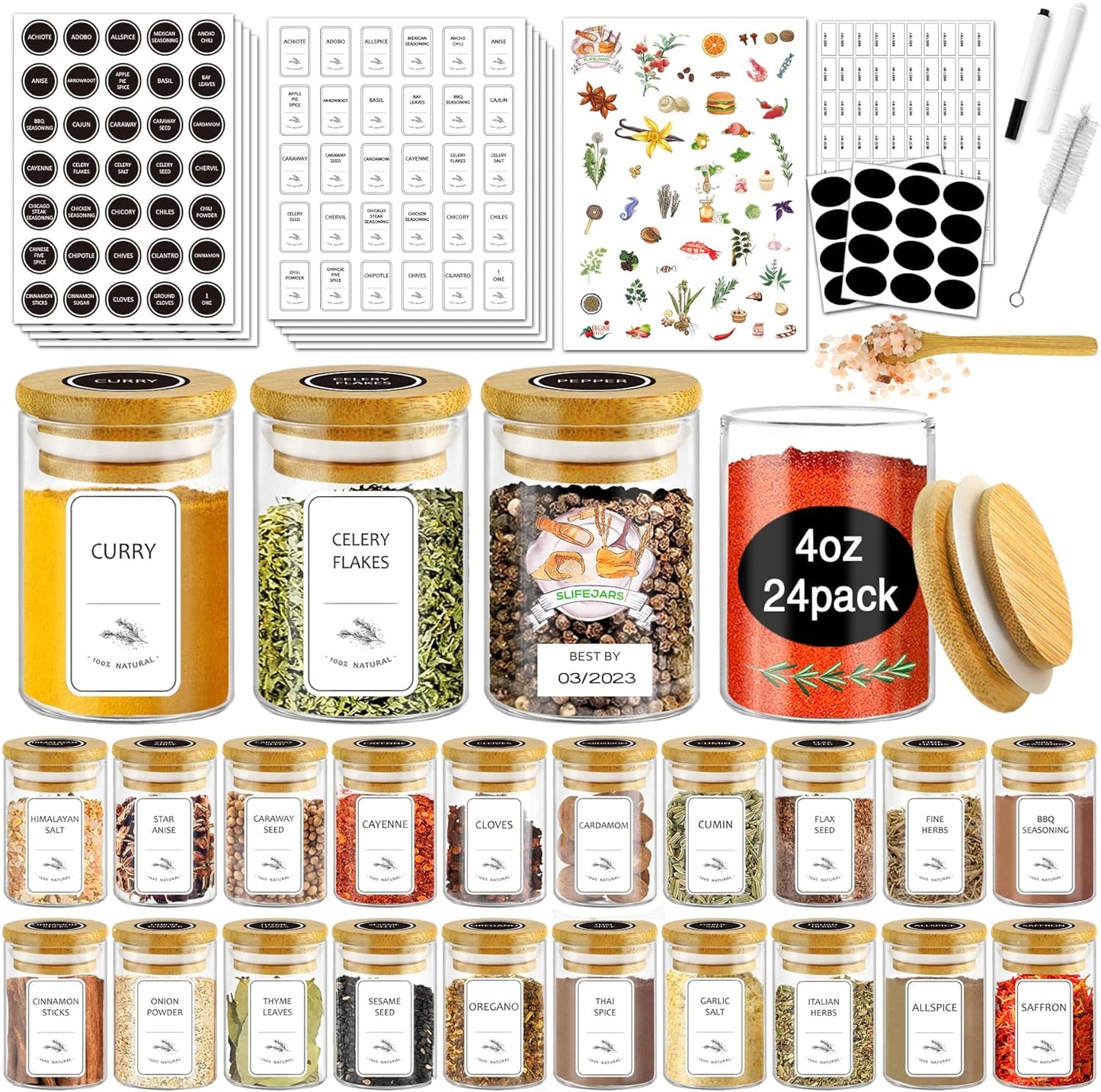 SLifeJars Spice Jars with Label - 4 oz Glass Containers Set