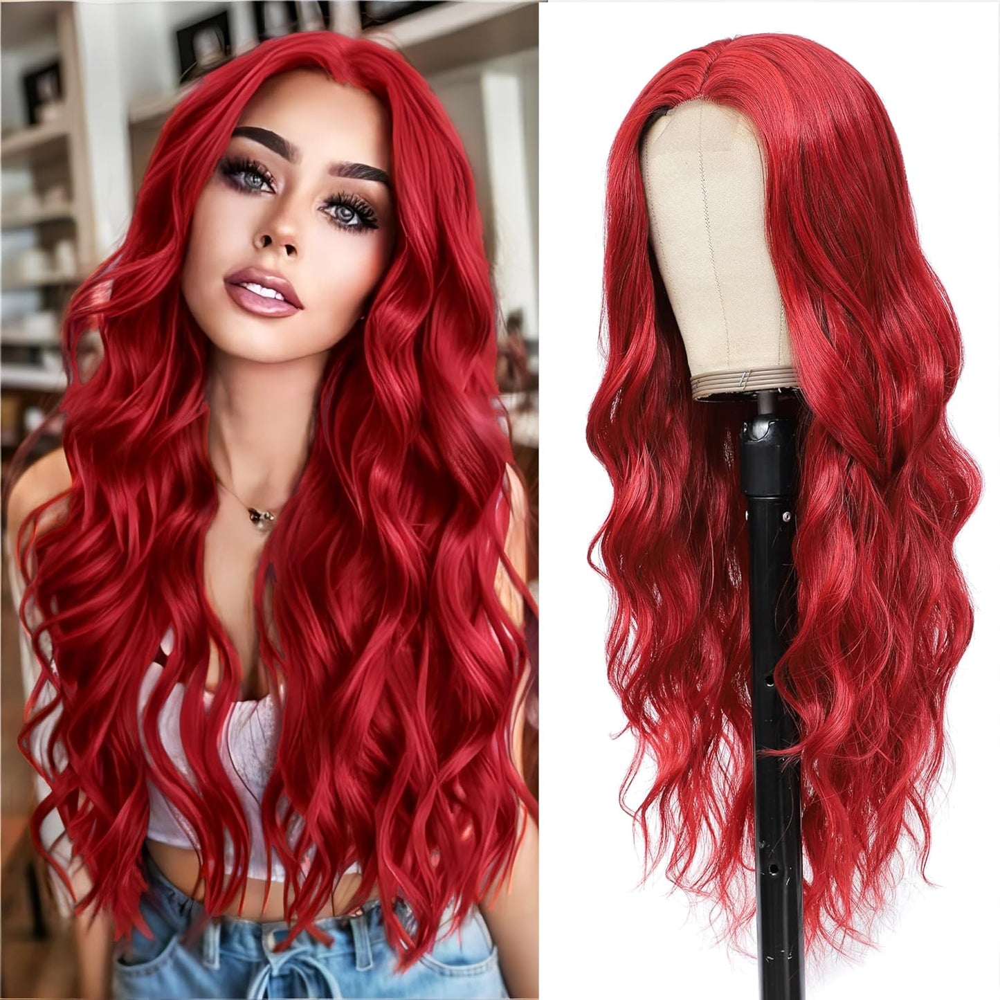 Long Red Wavy Wig for Women 26Inch Curly Synthetic Hair
