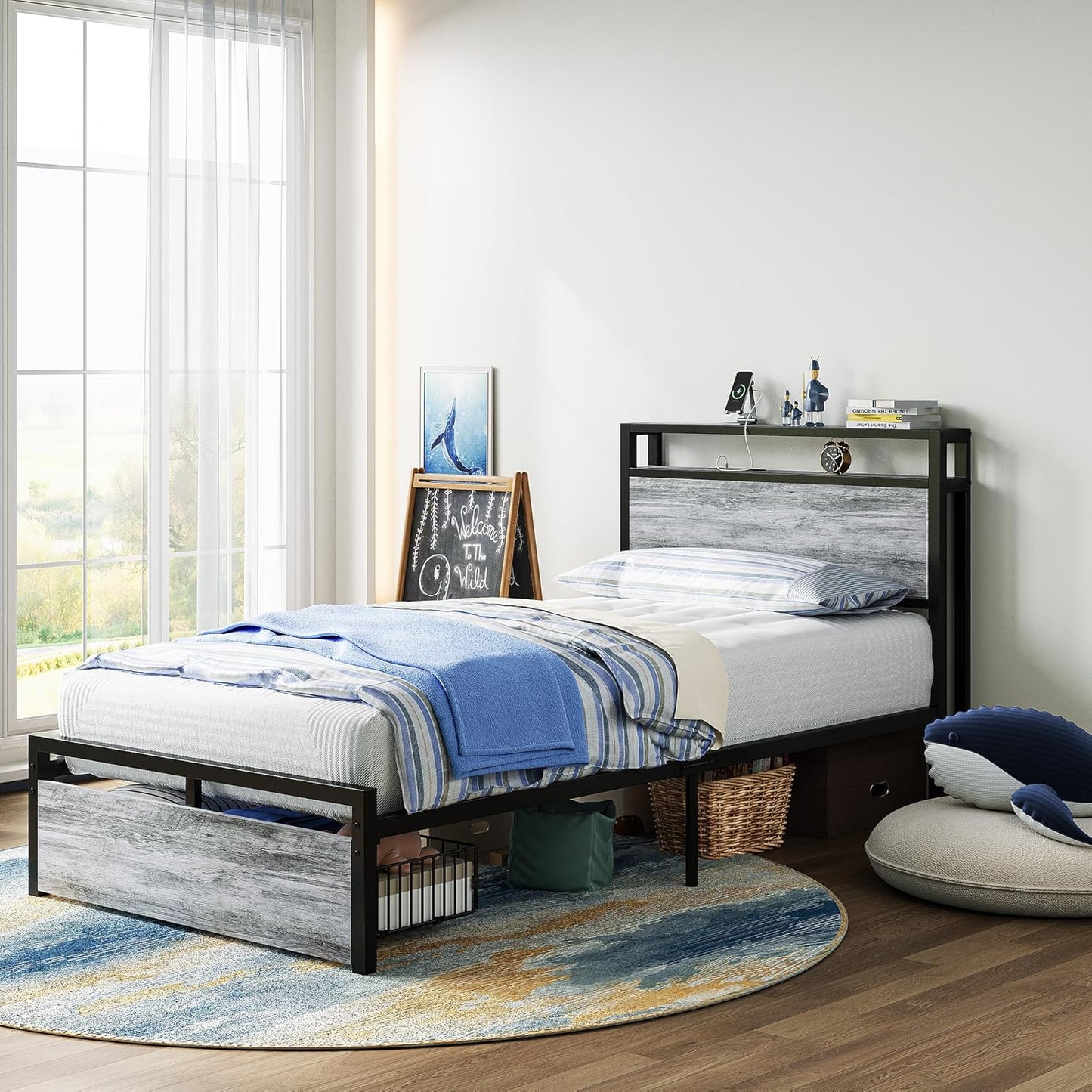 LIKIMIO Twin Bed Frame with Drawer and Storage Headboard Design