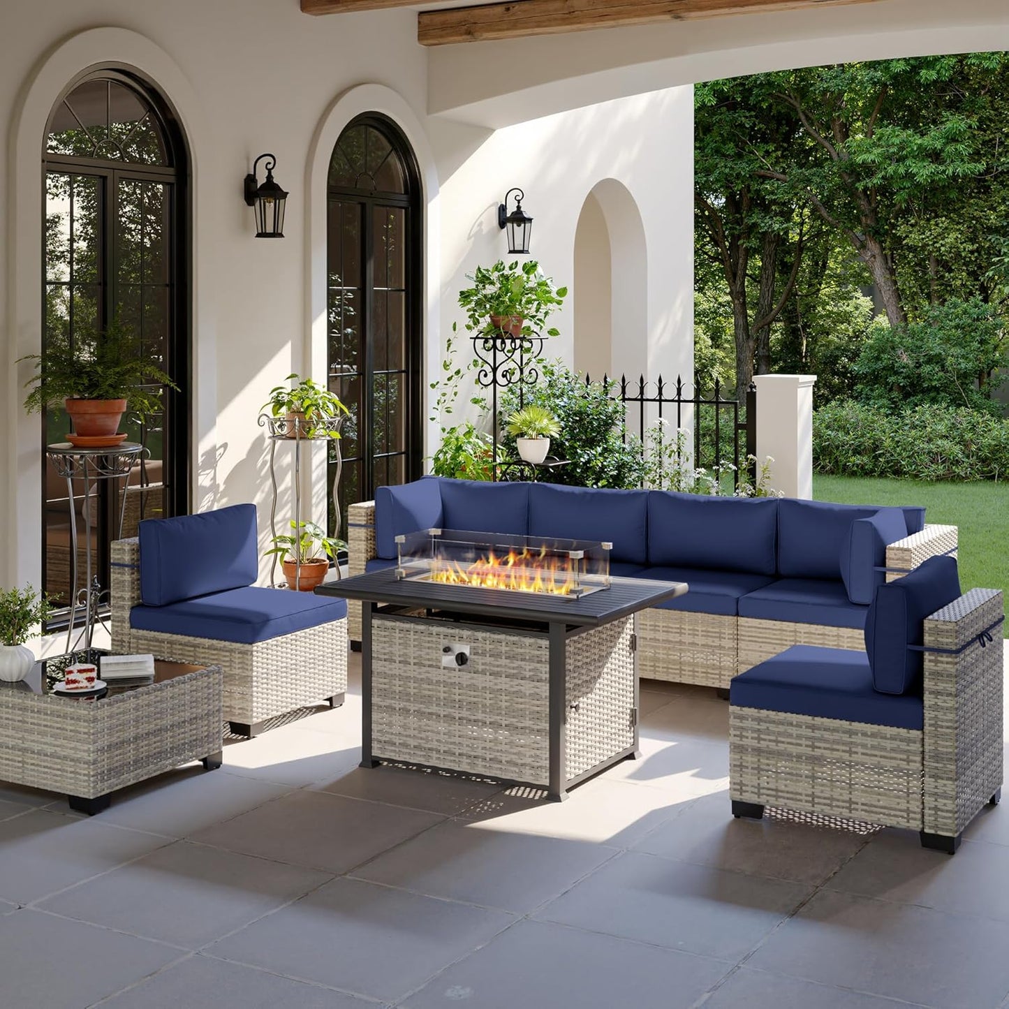8-Piece Modern Patio Furniture Set with Fire Pit Table