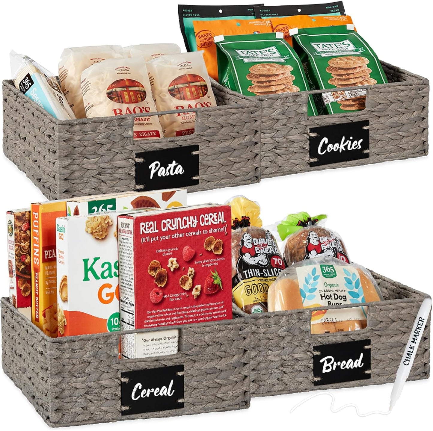 Water Hyacinth Pantry Baskets Set of 4 with Chalkboard Labels