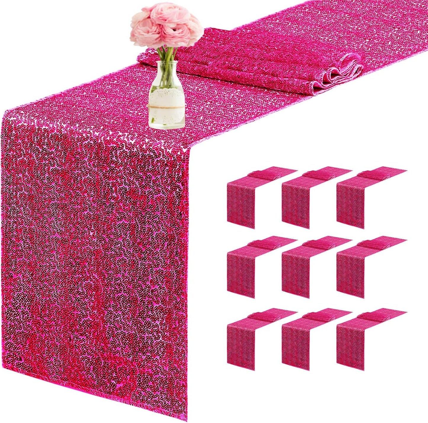 10 Packs 12 x 72 inches Hot Pink Sequin Table Runners for Events