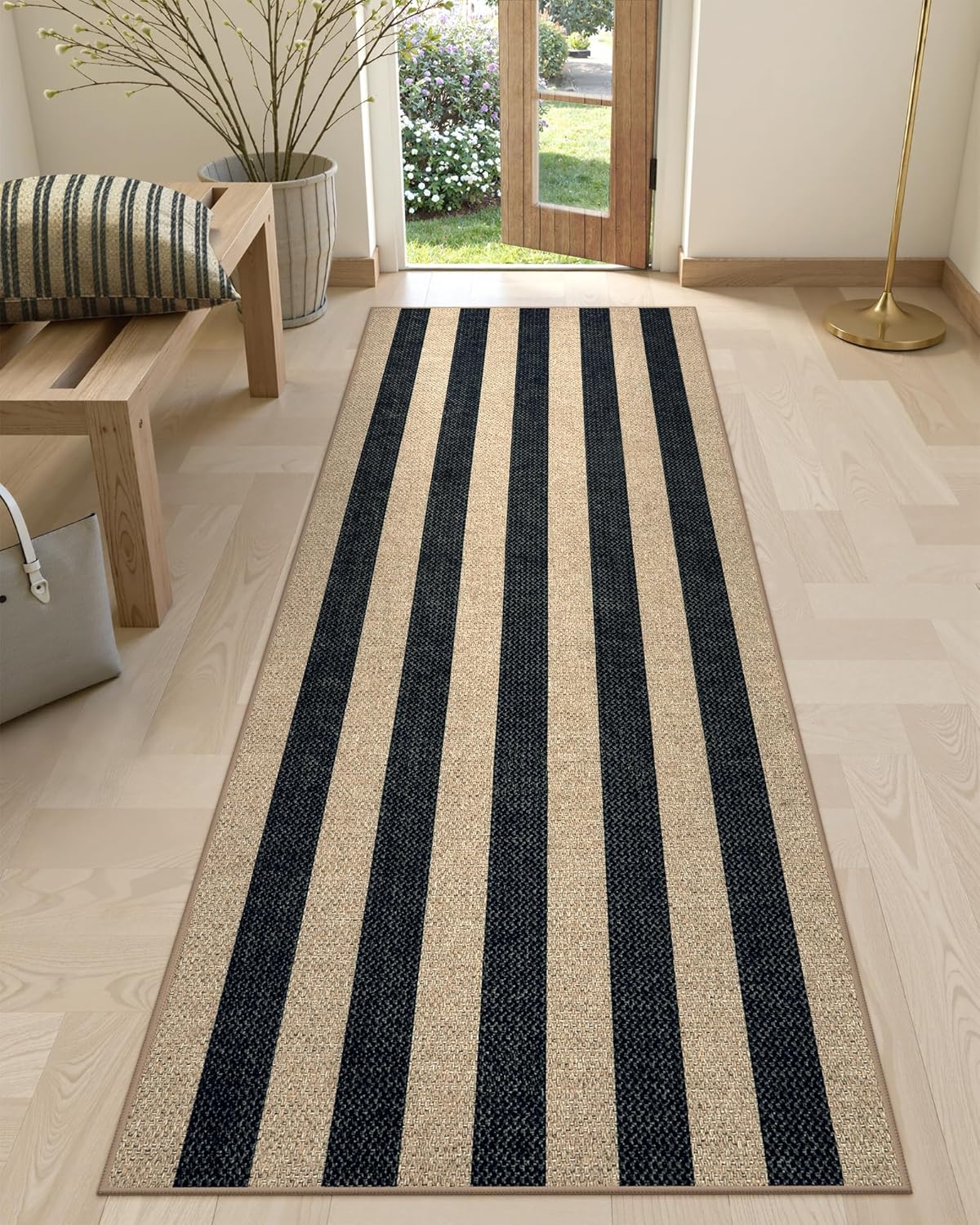 Lahome Striped Easy Jute Kitchen Runner Rug for Entryway