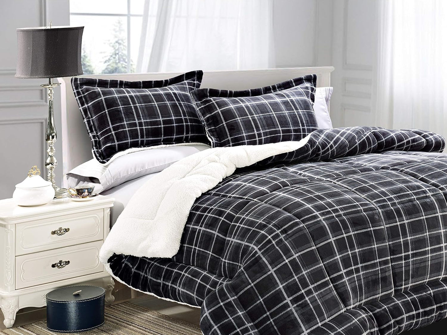 Elegant Comfort Heavy Weight Plaid Micromink Sherpa Comforter Set