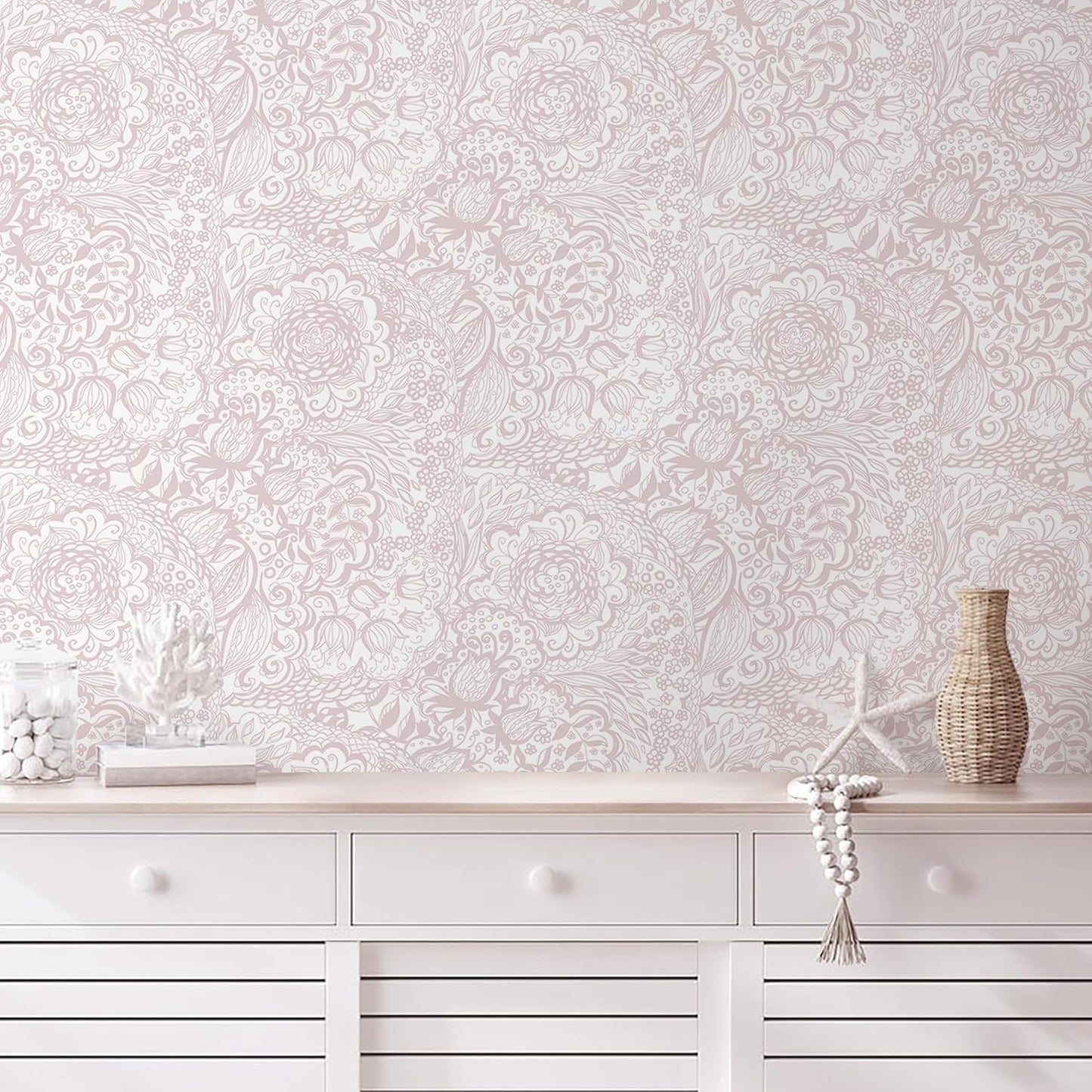 Peel and Stick Wallpaper Boho Pink and White Floral Design