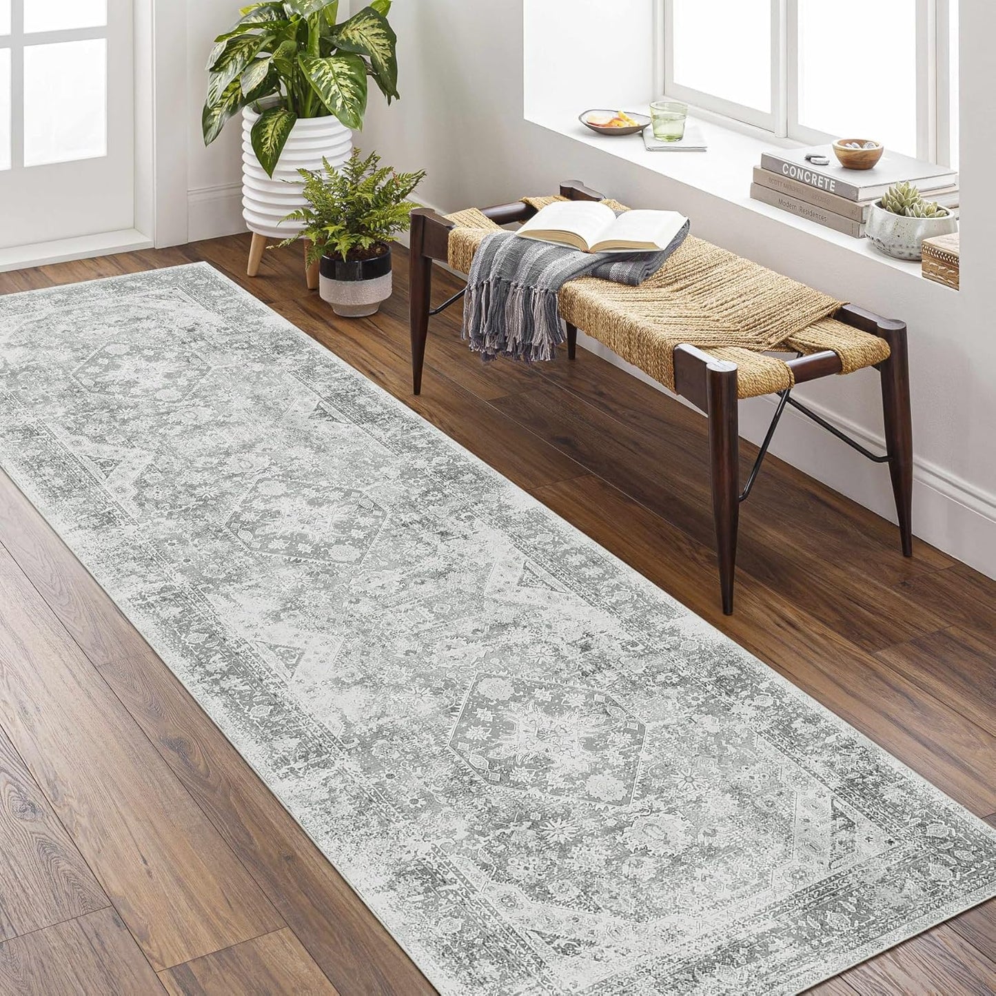 MUJOO 2x8 Runner Rug - Washable Non-Slip Soft Grey Floral